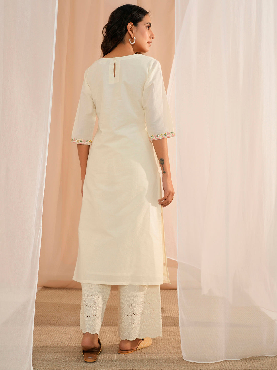 Off White Embroidered Cotton Straight Kurta