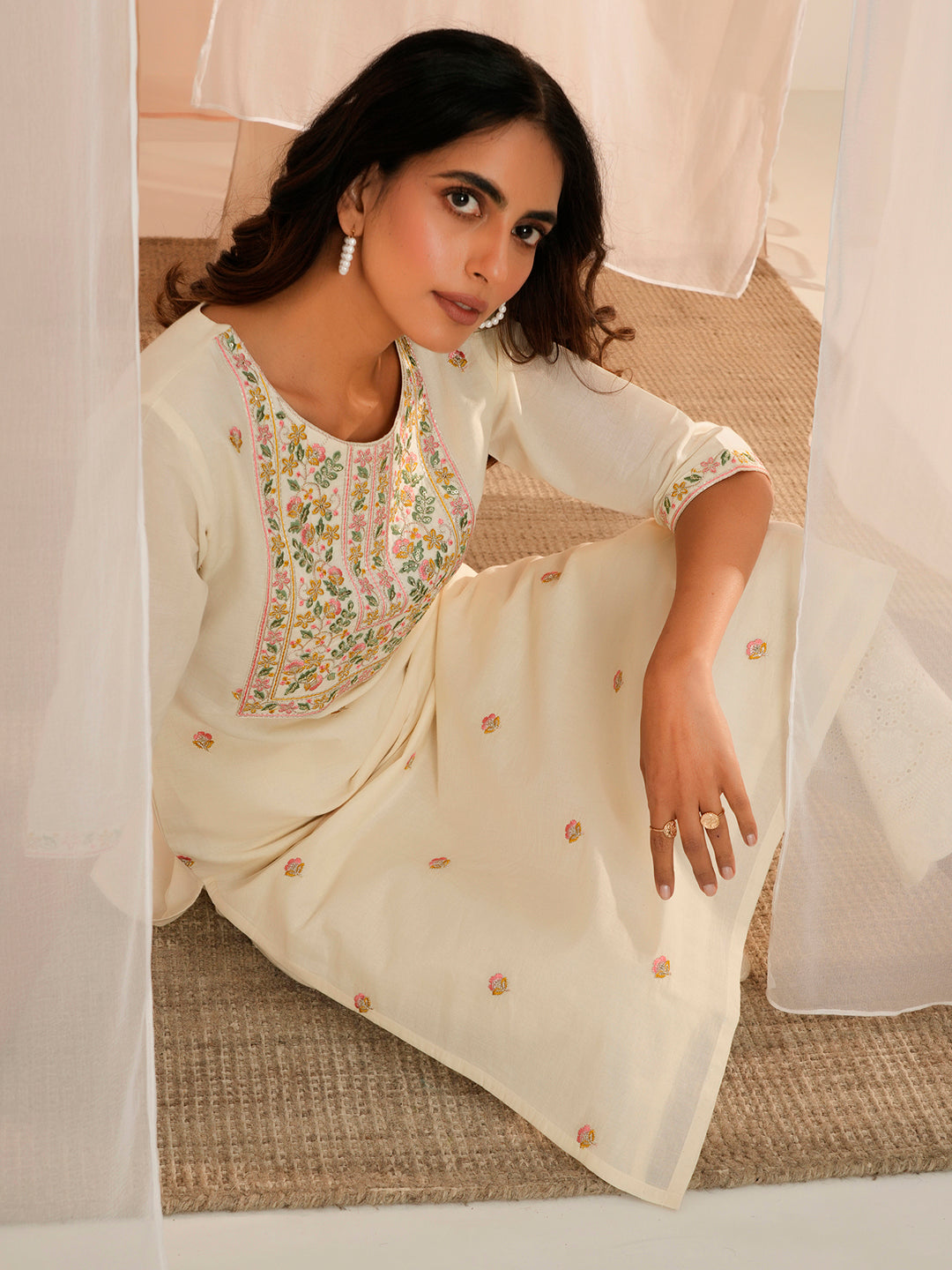 Off White Embroidered Cotton Straight Kurta