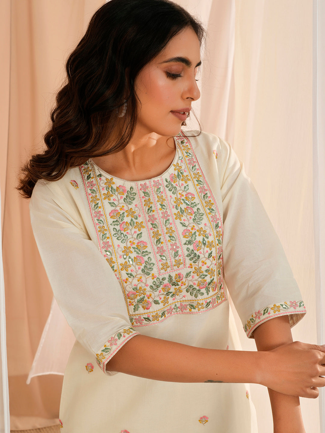 Off White Embroidered Cotton Straight Kurta