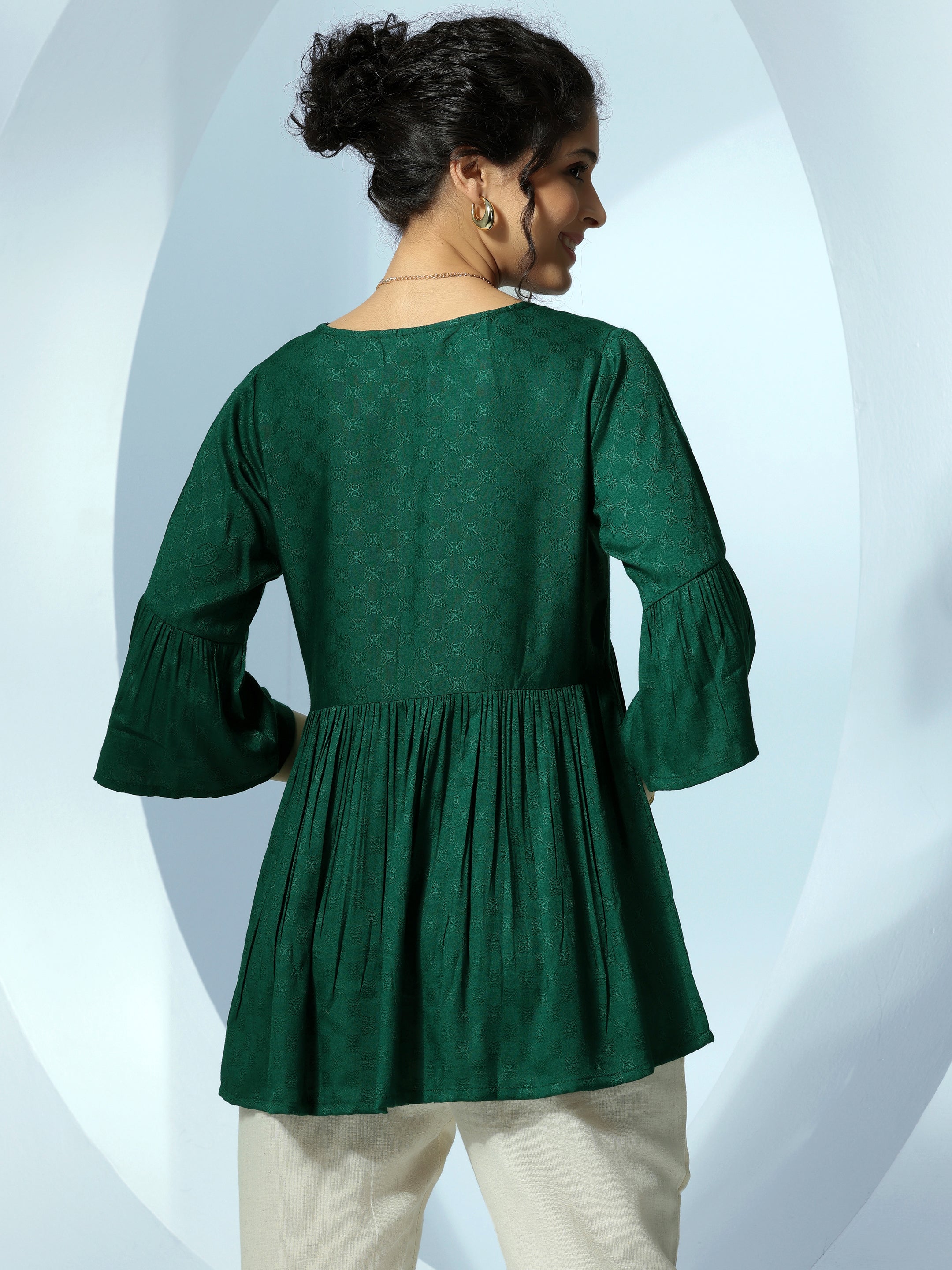 Green Woven Design Rayon A-Line Kurti