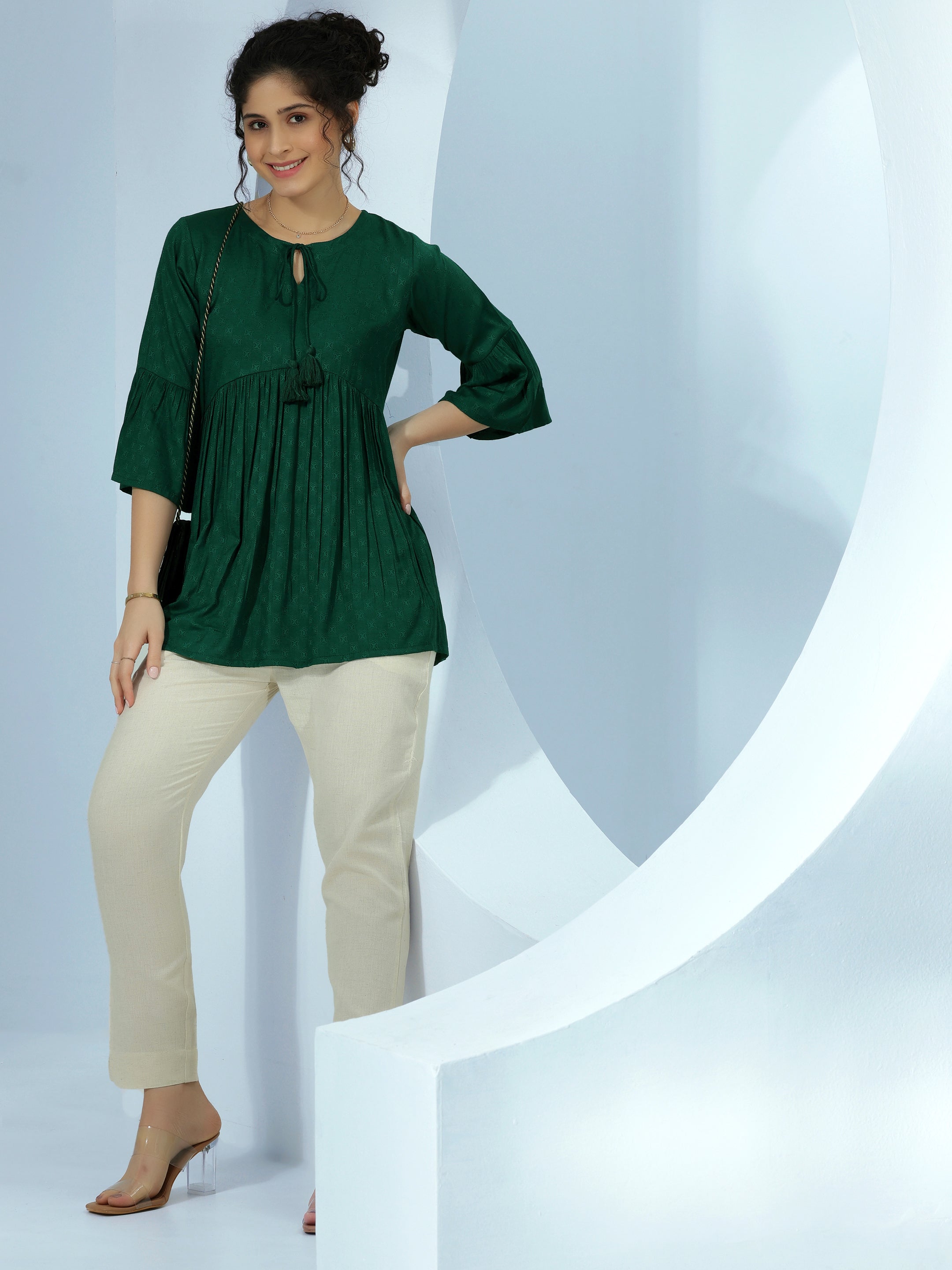 Green Woven Design Rayon A-Line Kurti