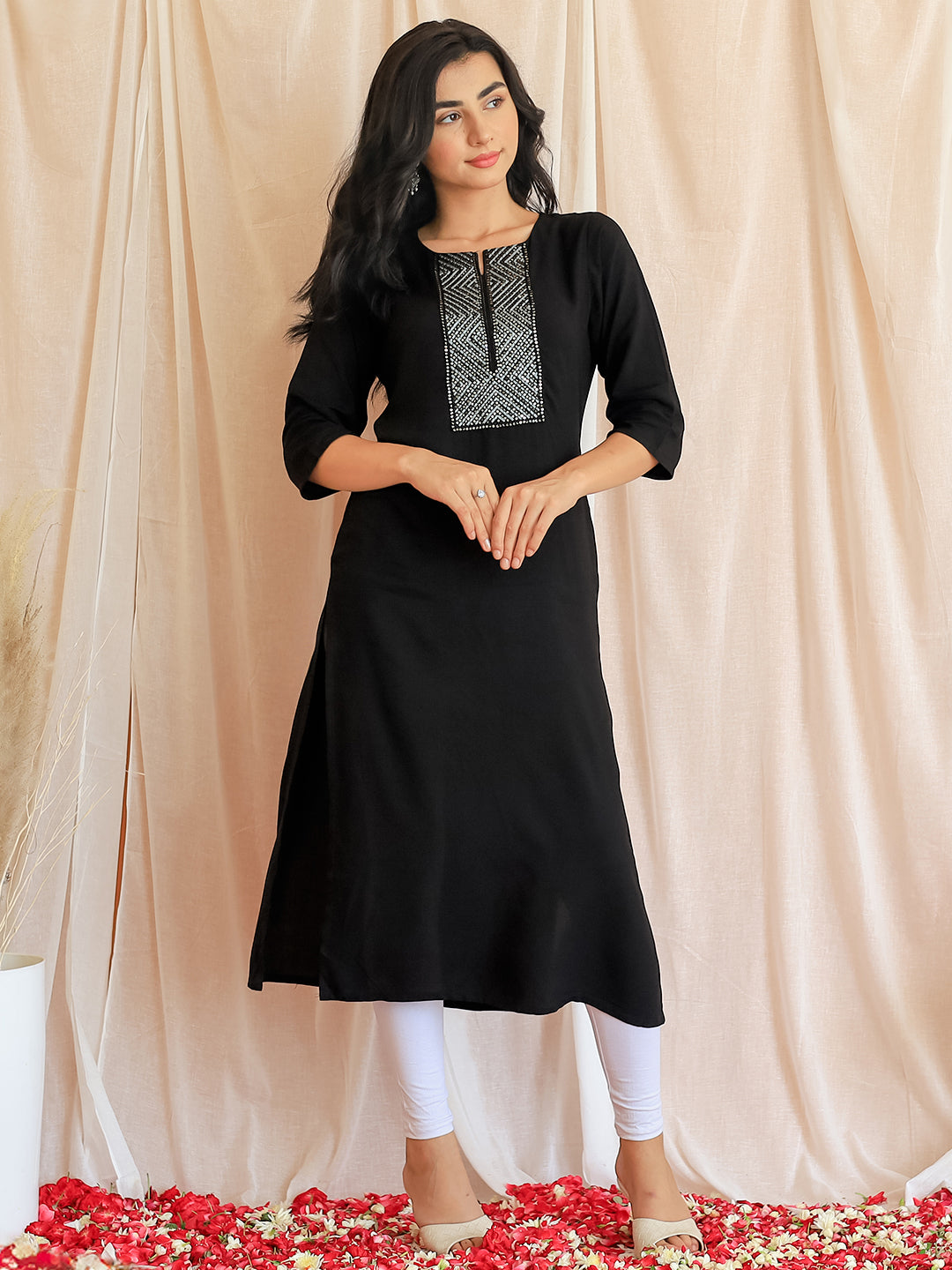 Black Embellished Rayon Straight Kurta