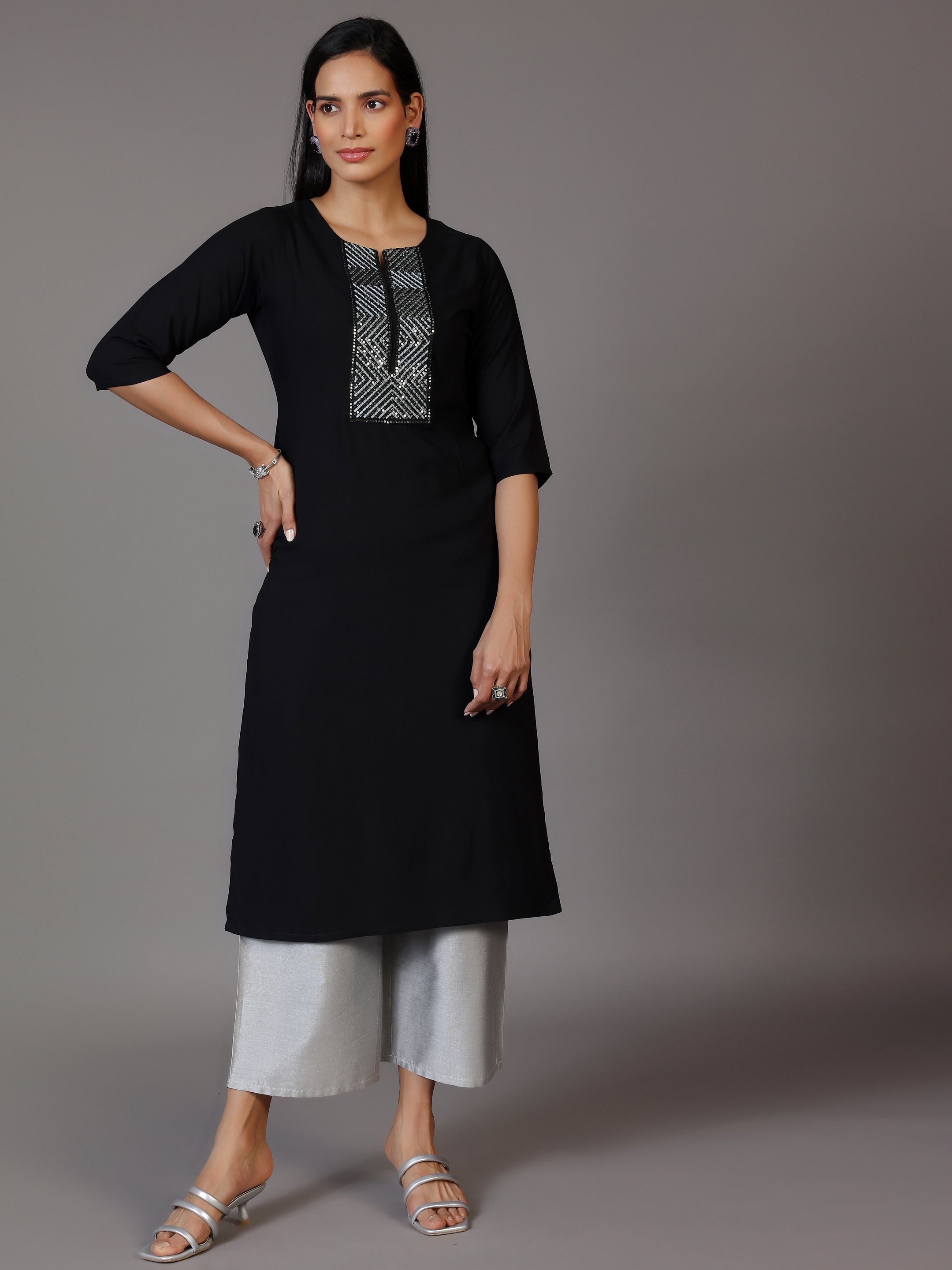 Black Embellished Rayon Straight Kurta