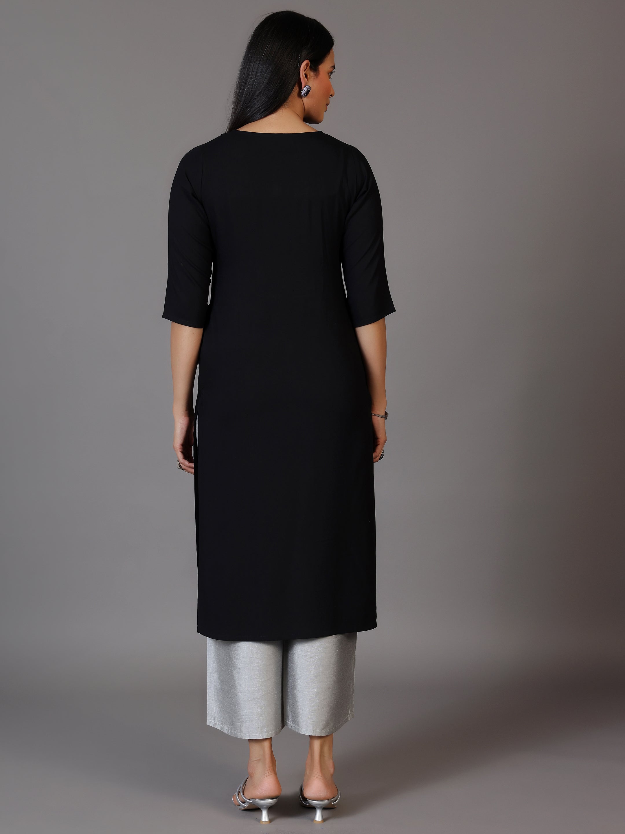 Black Embellished Rayon Straight Kurta