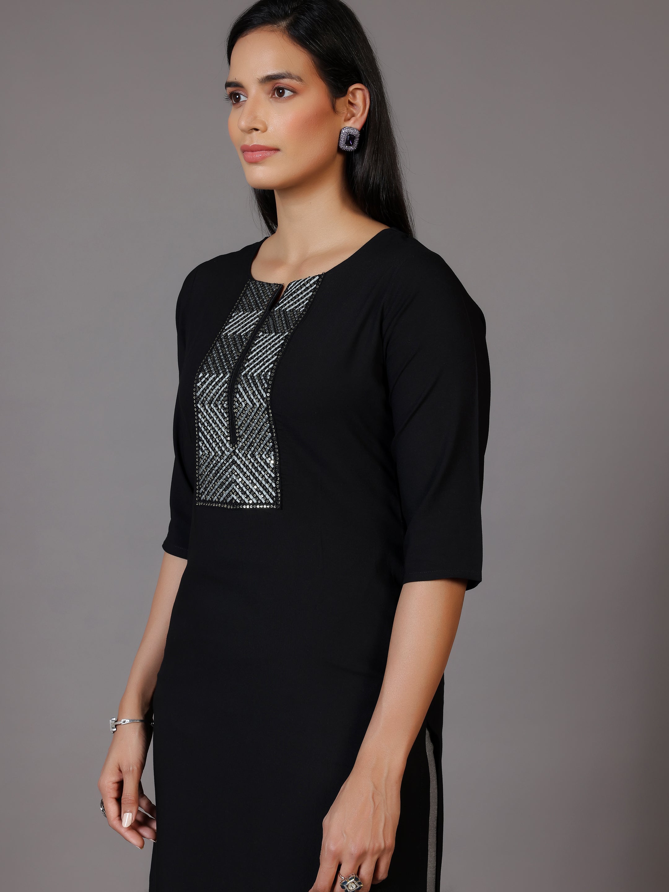 Black Embellished Rayon Straight Kurta