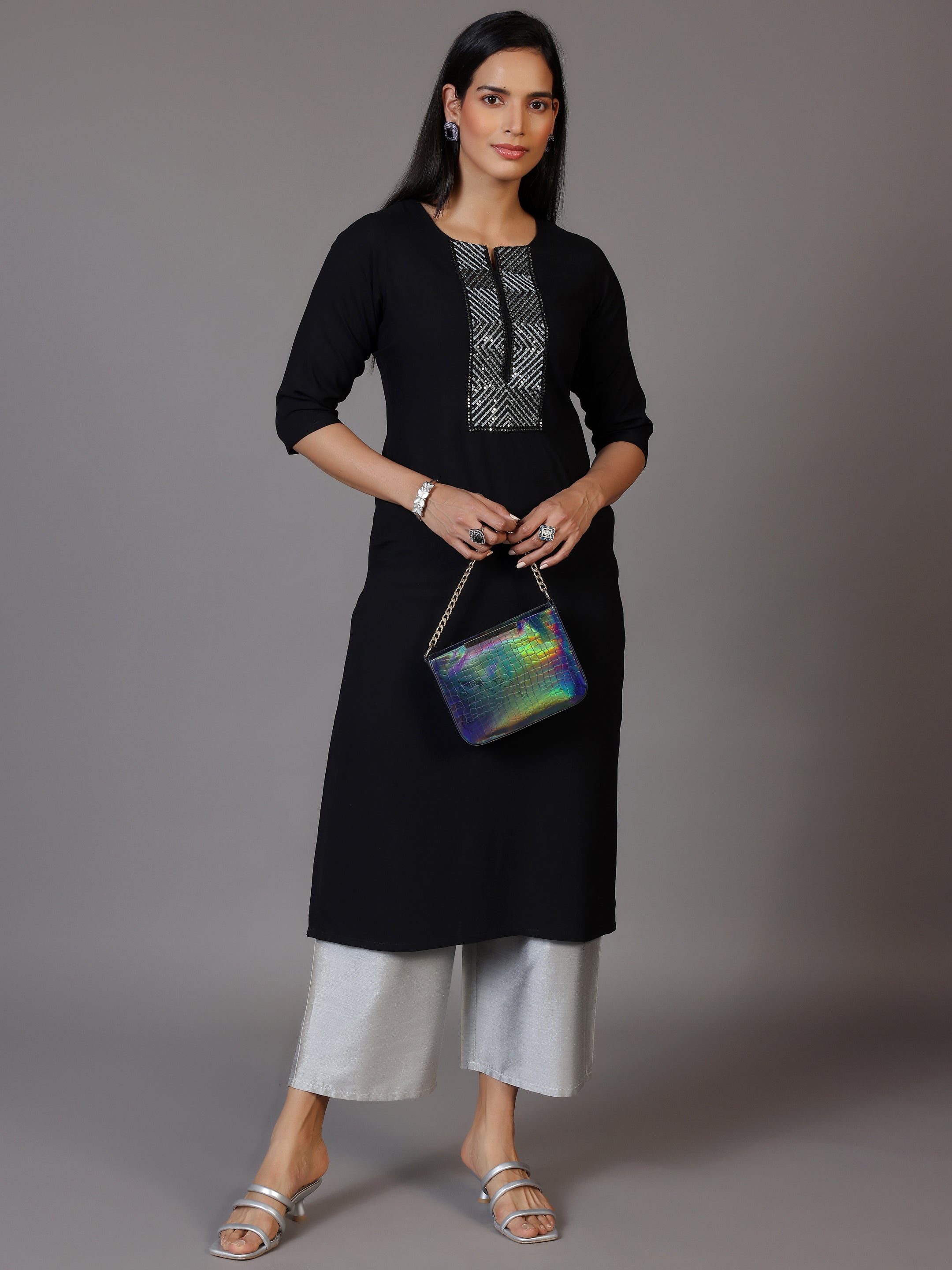 Black Embellished Rayon Straight Kurta