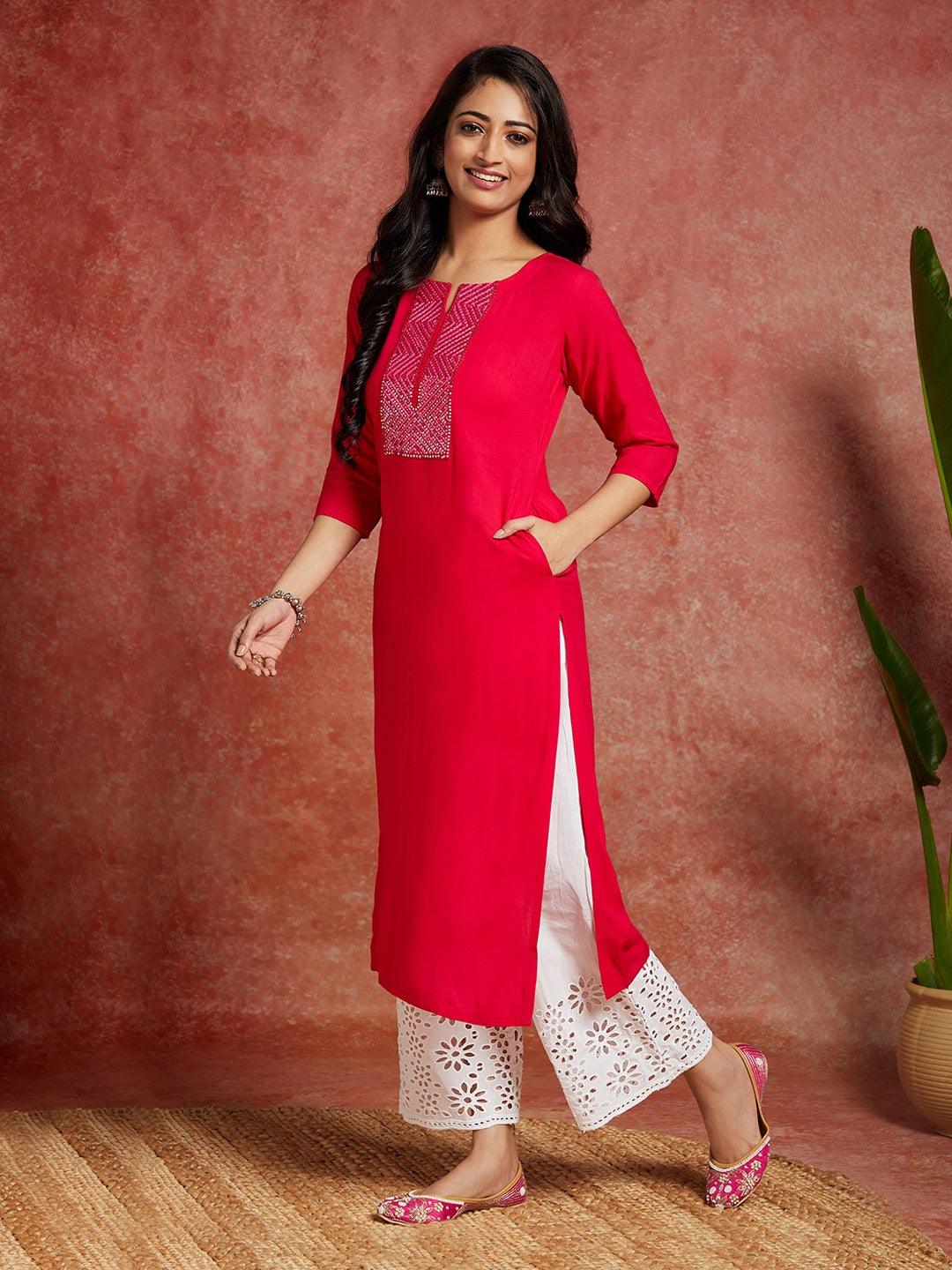 Pink Yoke Design Rayon Straight Kurta