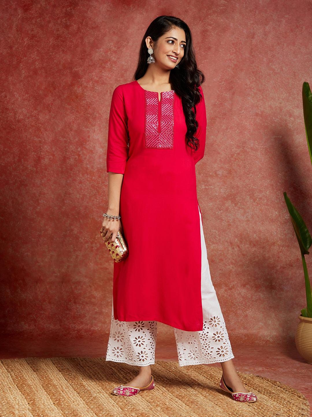 Pink Yoke Design Rayon Straight Kurta