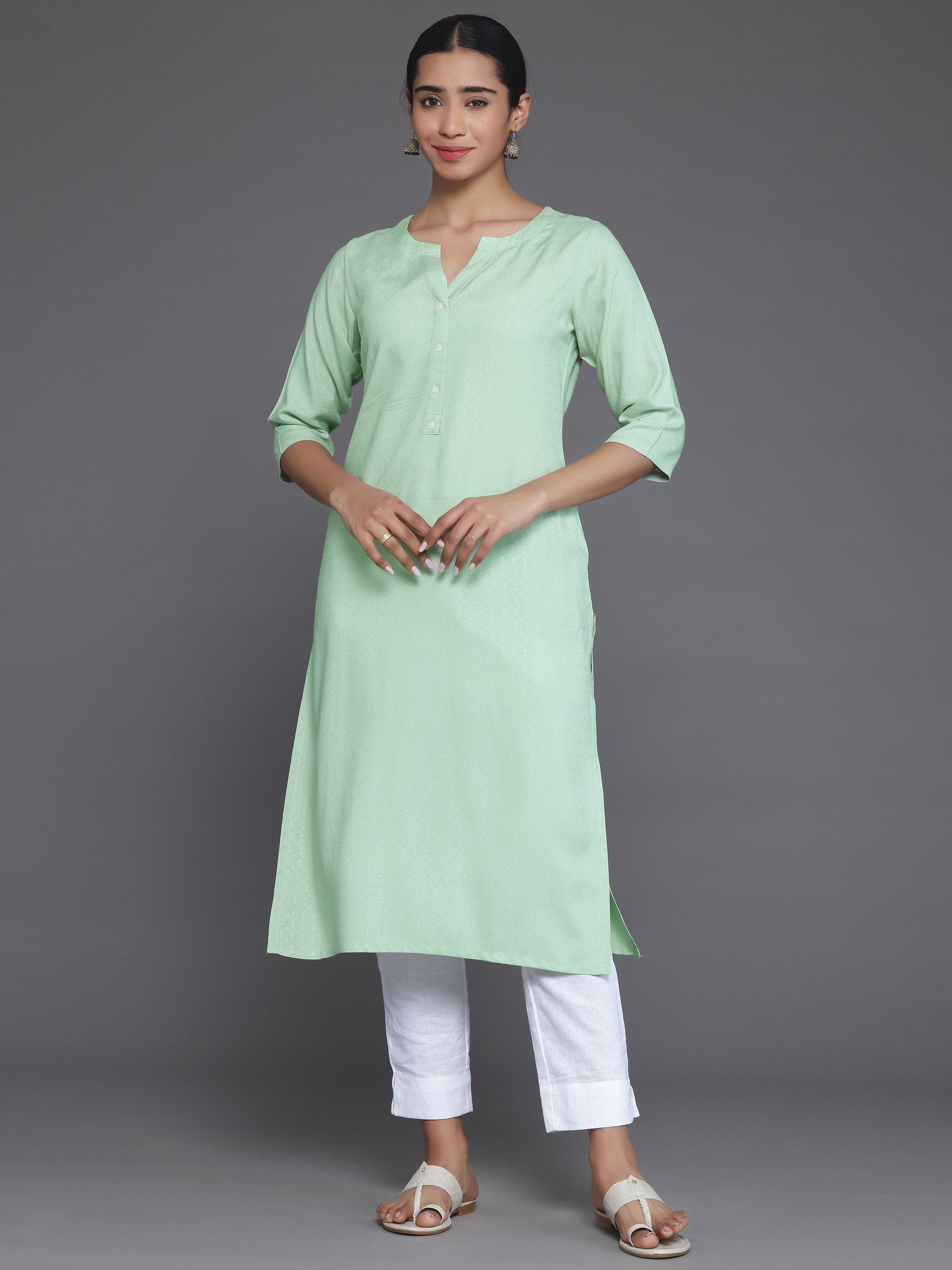 Green Woven Design Rayon Straight Kurta