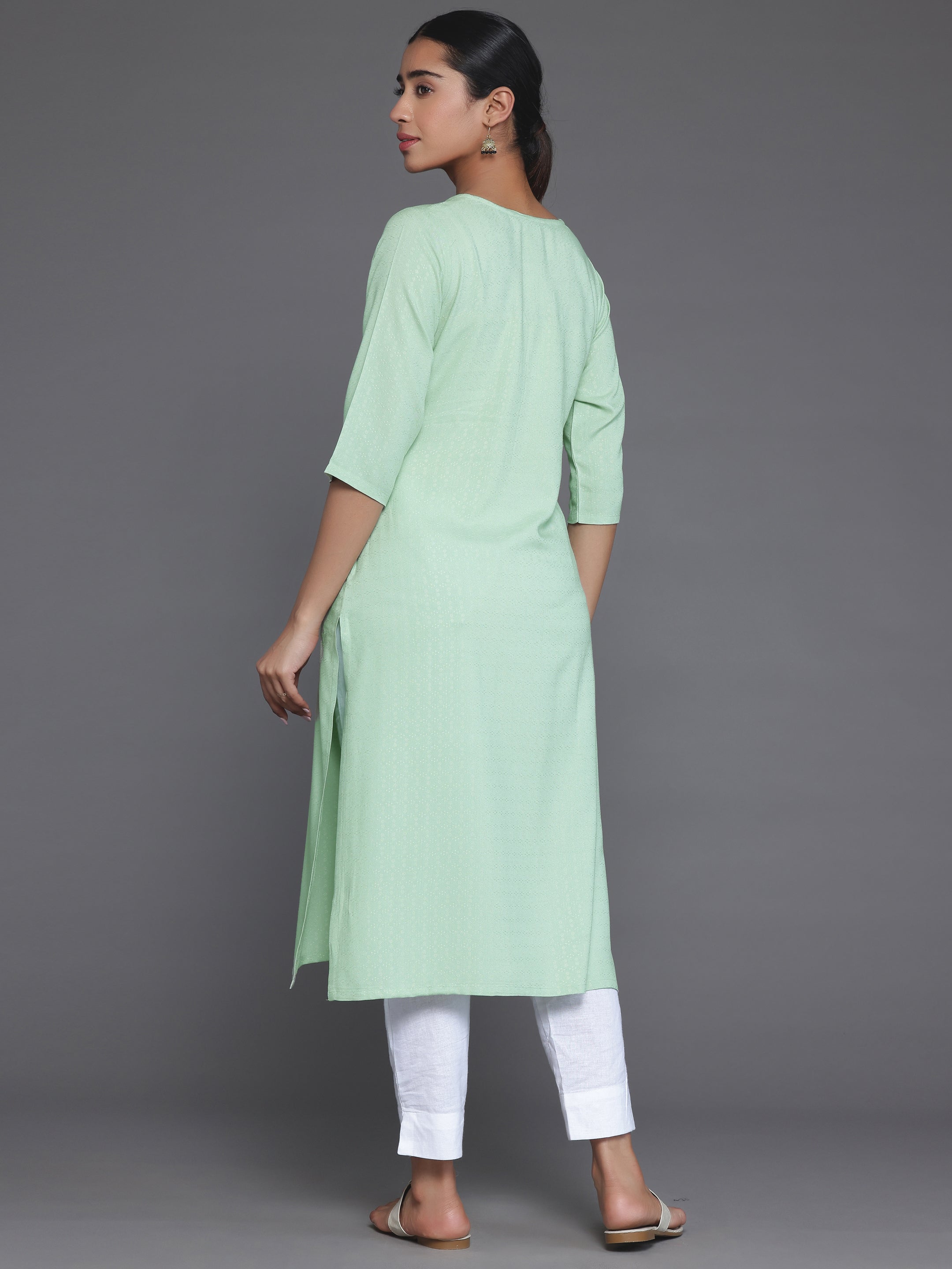 Green Woven Design Rayon Straight Kurta