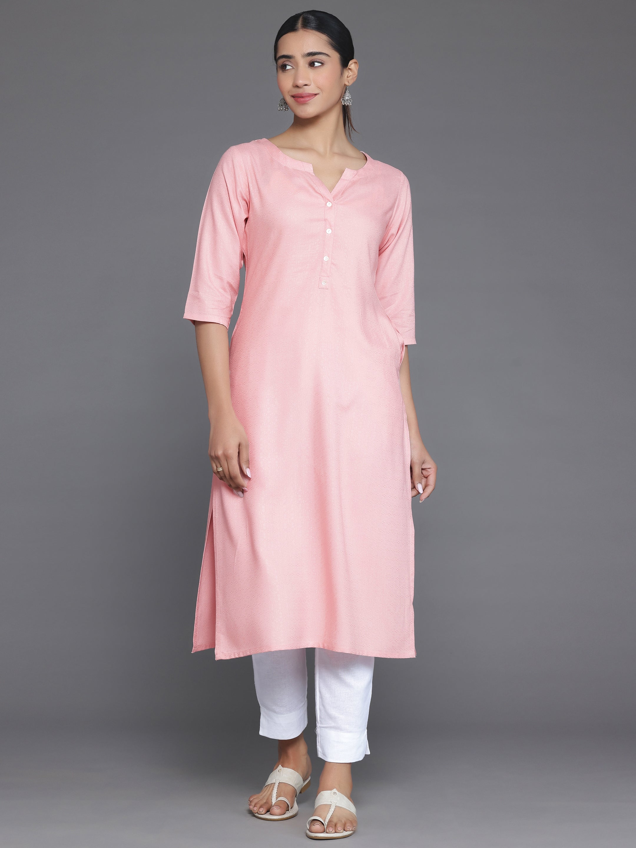 Pink Woven Design Rayon Straight Kurta