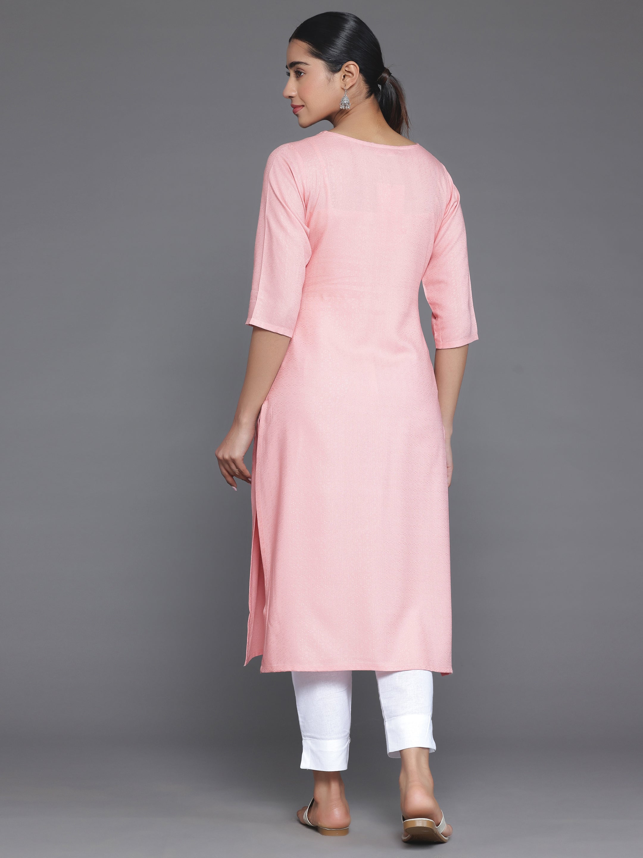 Pink Woven Design Rayon Straight Kurta