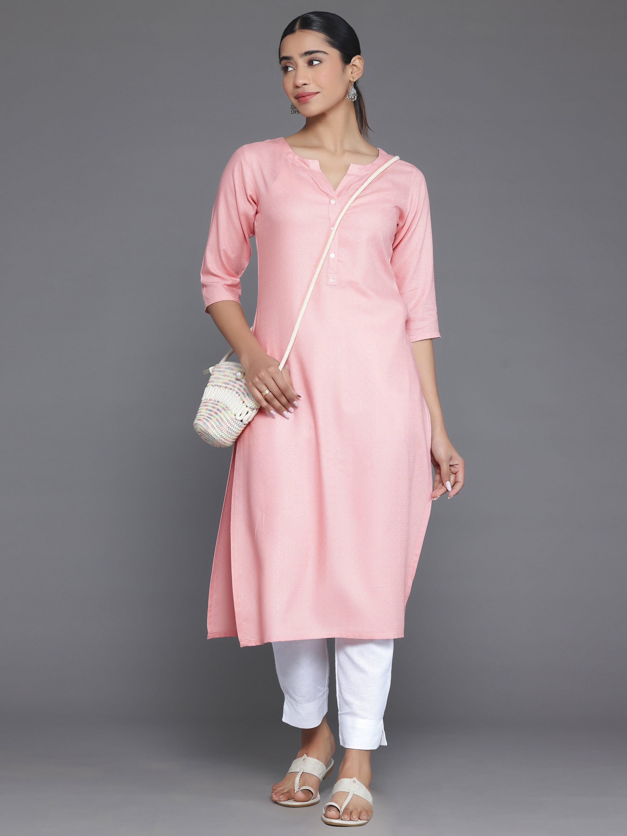 Pink Woven Design Rayon Straight Kurta