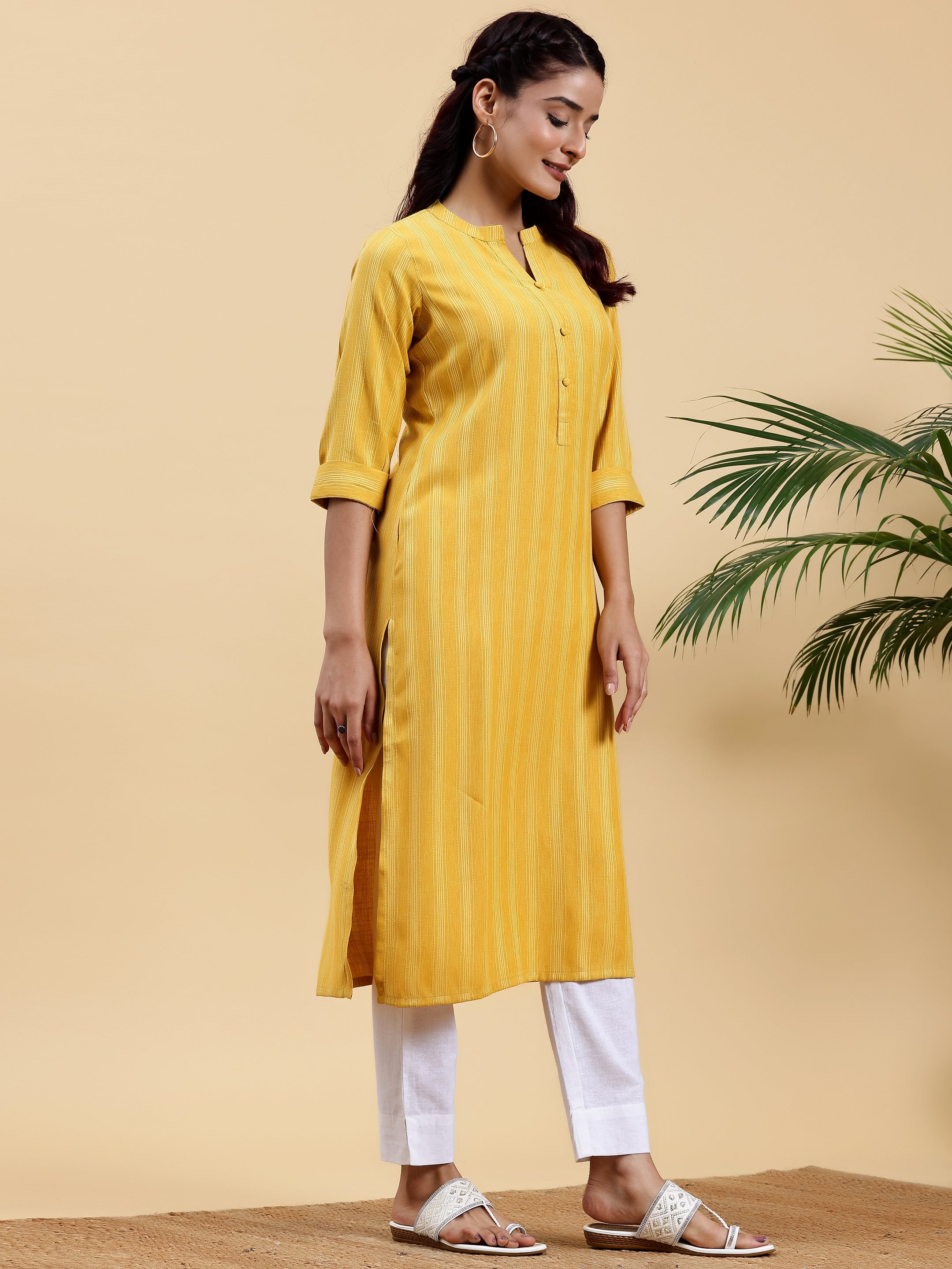 Yellow Woven Design Rayon Straight Kurta