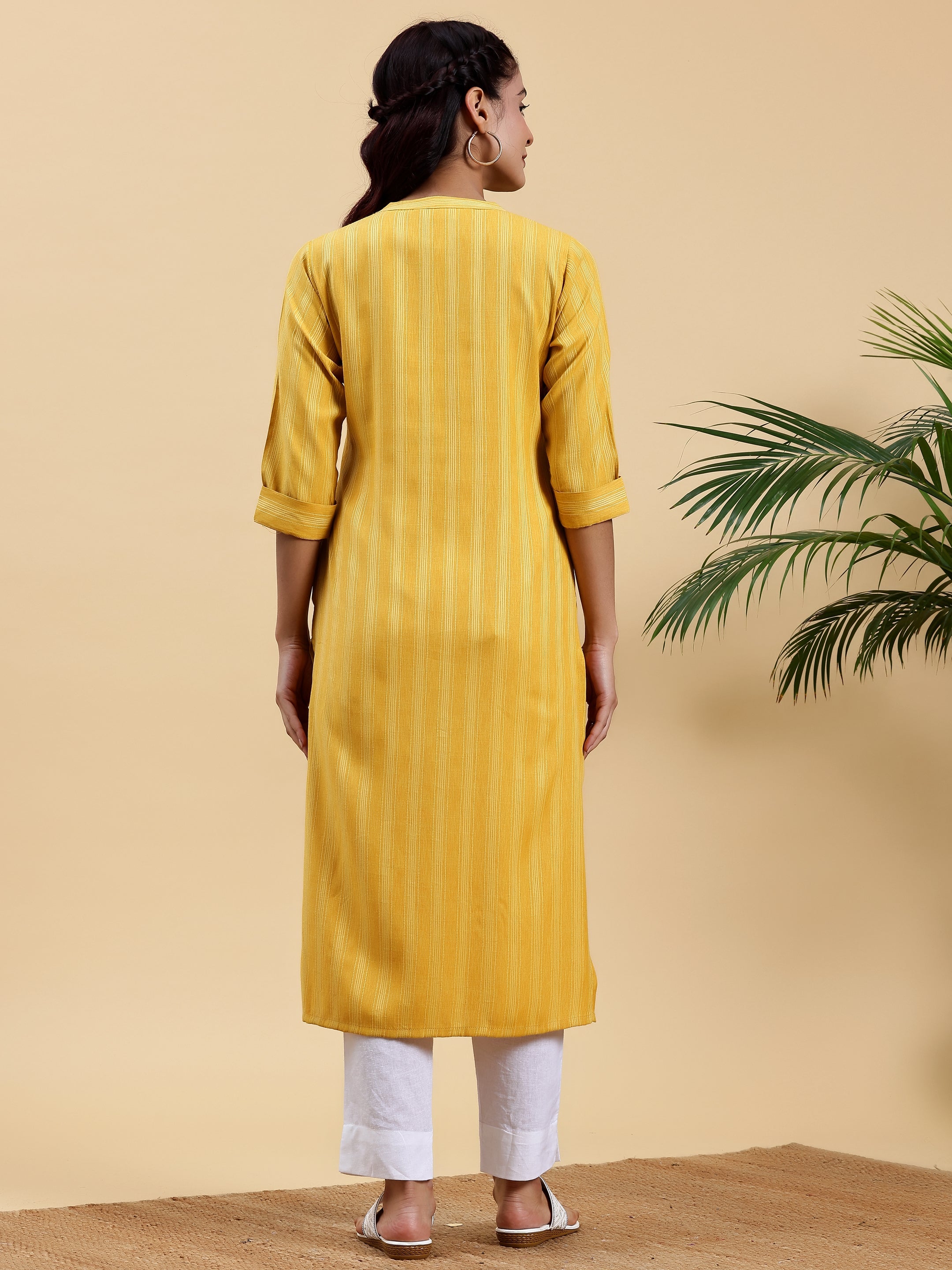 Yellow Woven Design Rayon Straight Kurta