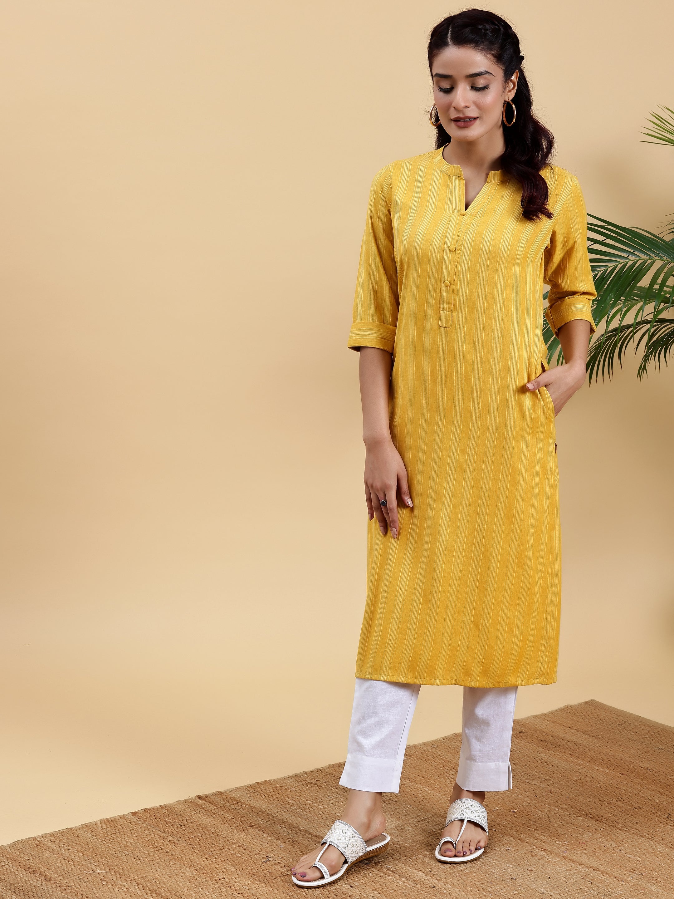 Yellow Woven Design Rayon Straight Kurta