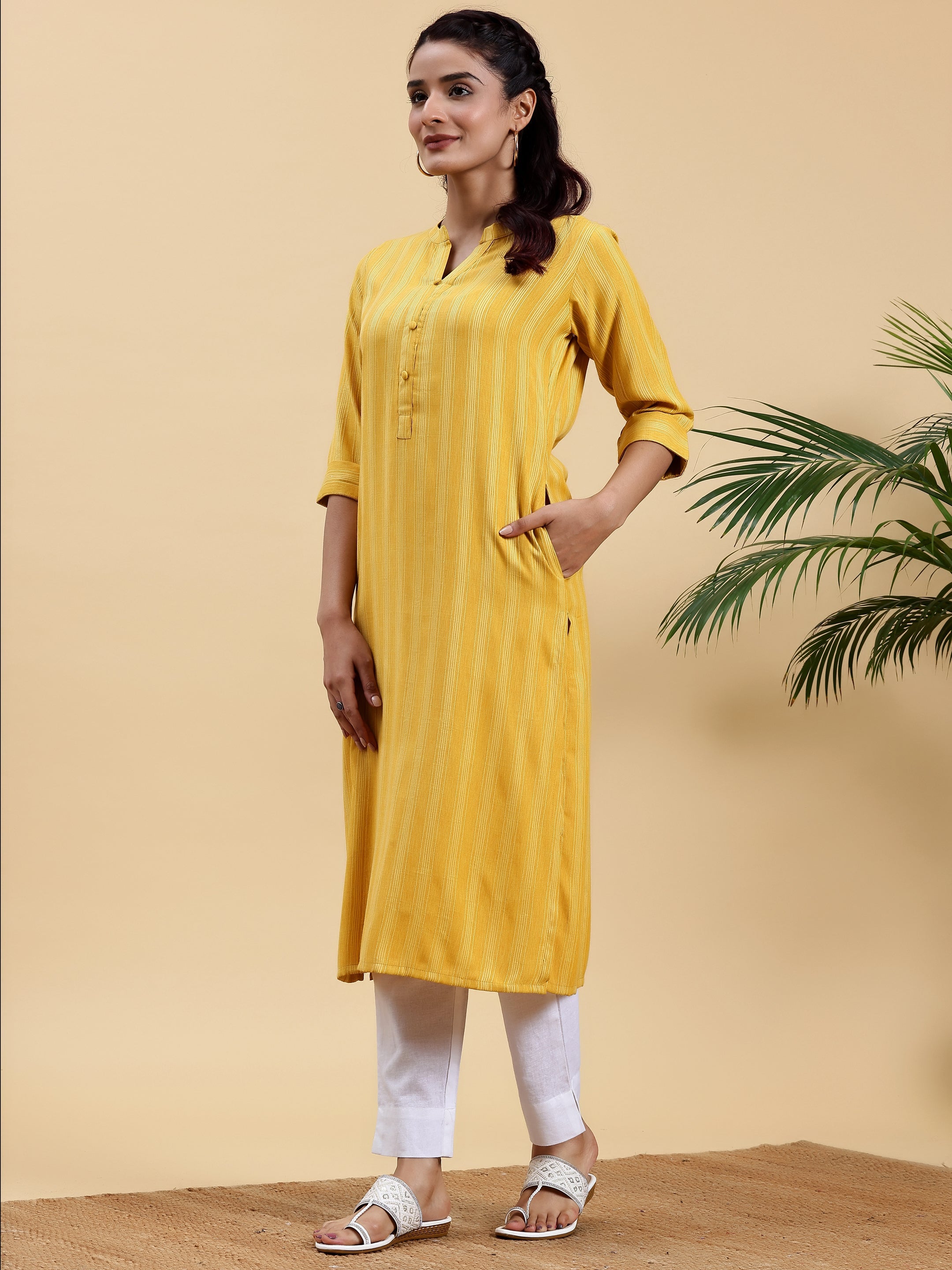 Yellow Woven Design Rayon Straight Kurta