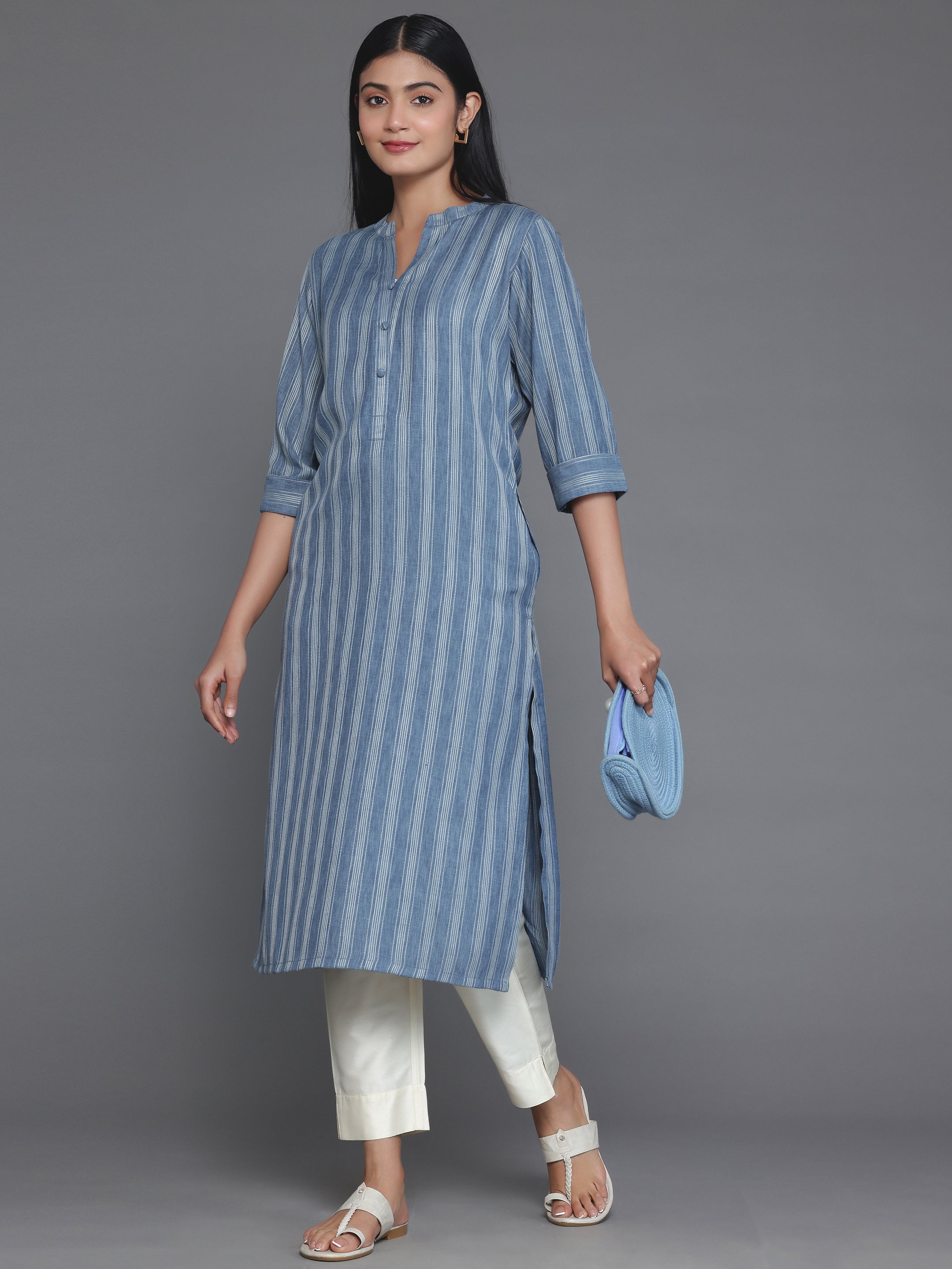 Grey Woven Design Rayon Straight Kurta