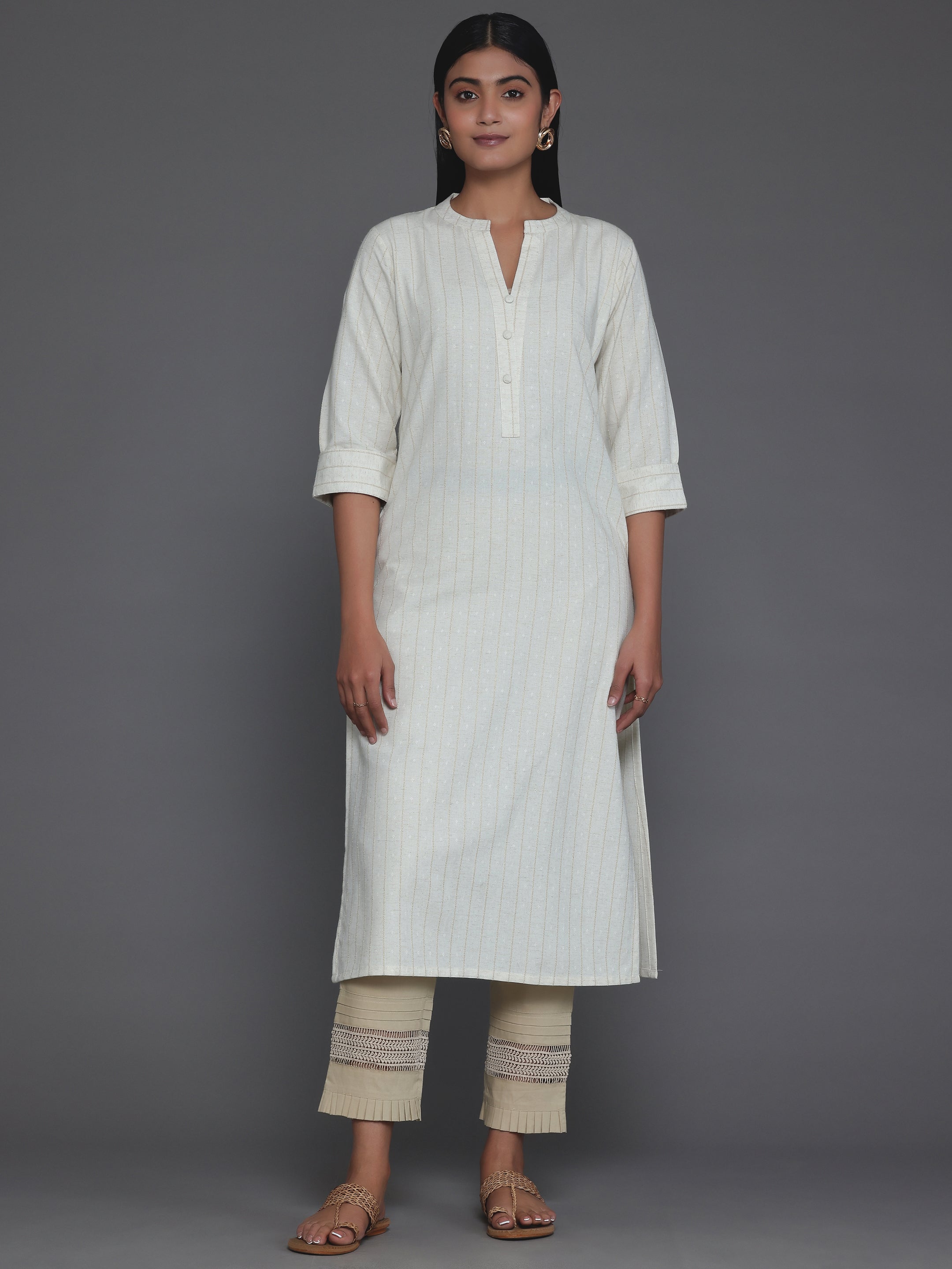 Cream Striped Cotton Straight Kurta