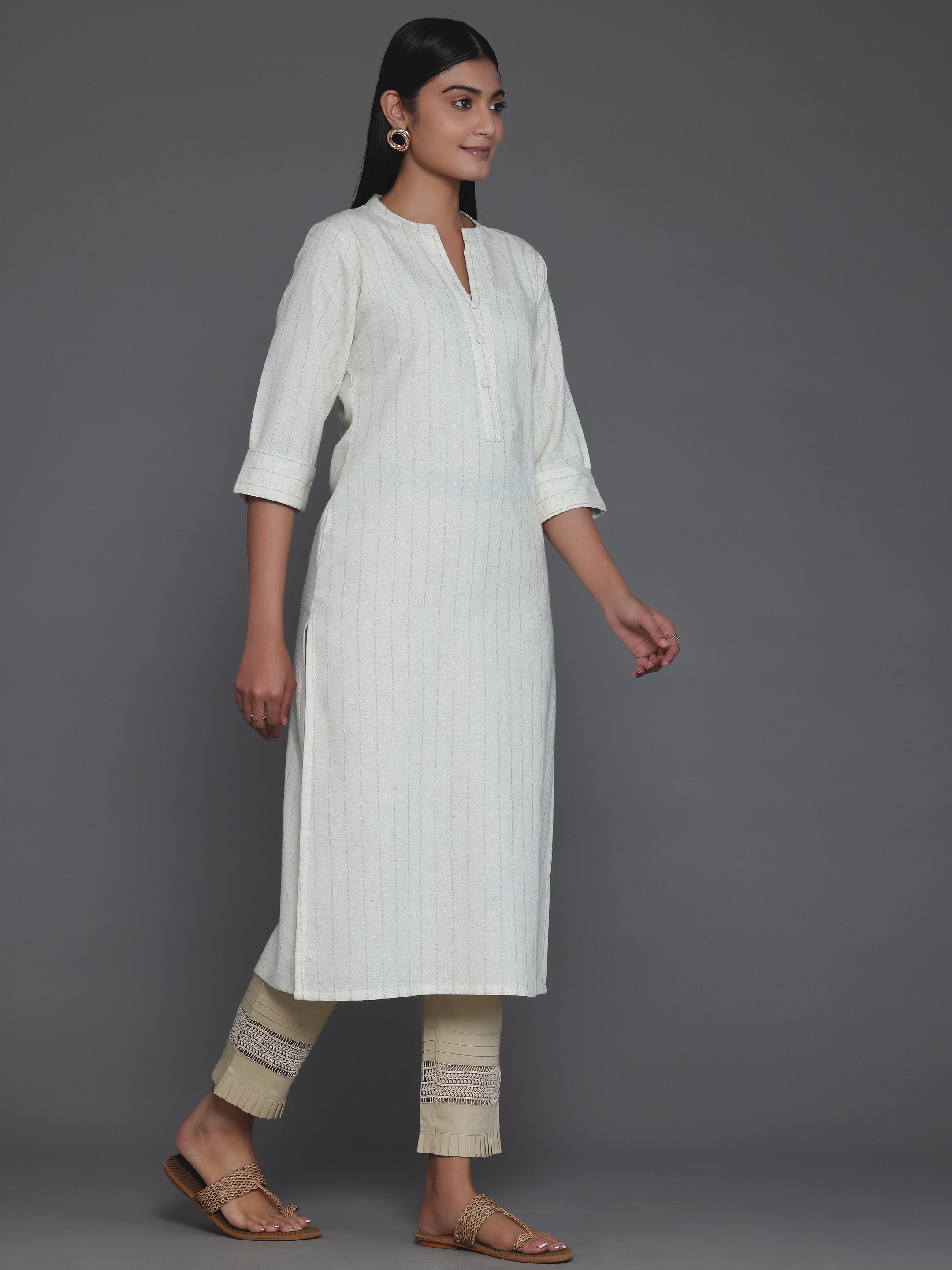 Cream Striped Cotton Straight Kurta