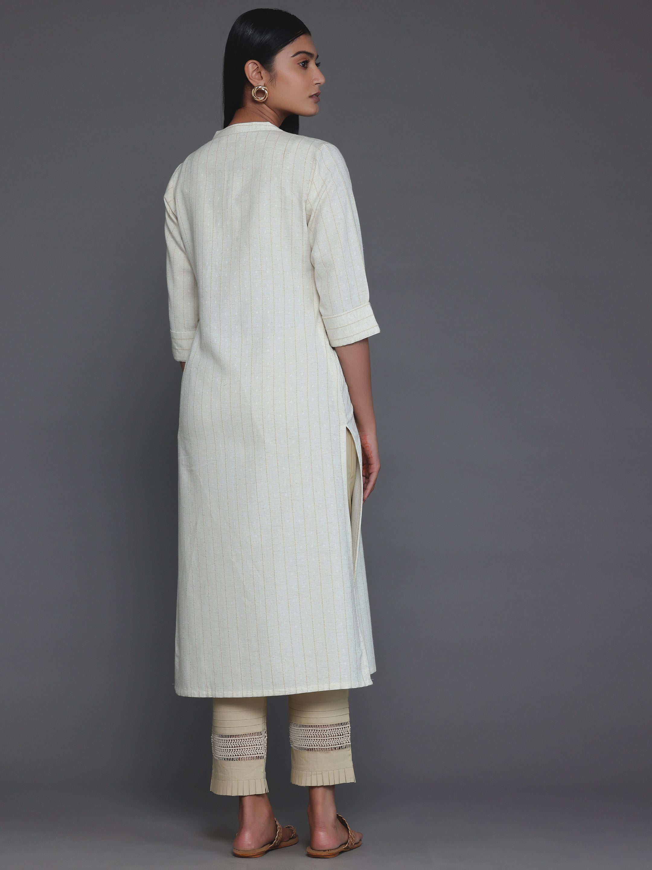 Cream Striped Cotton Straight Kurta