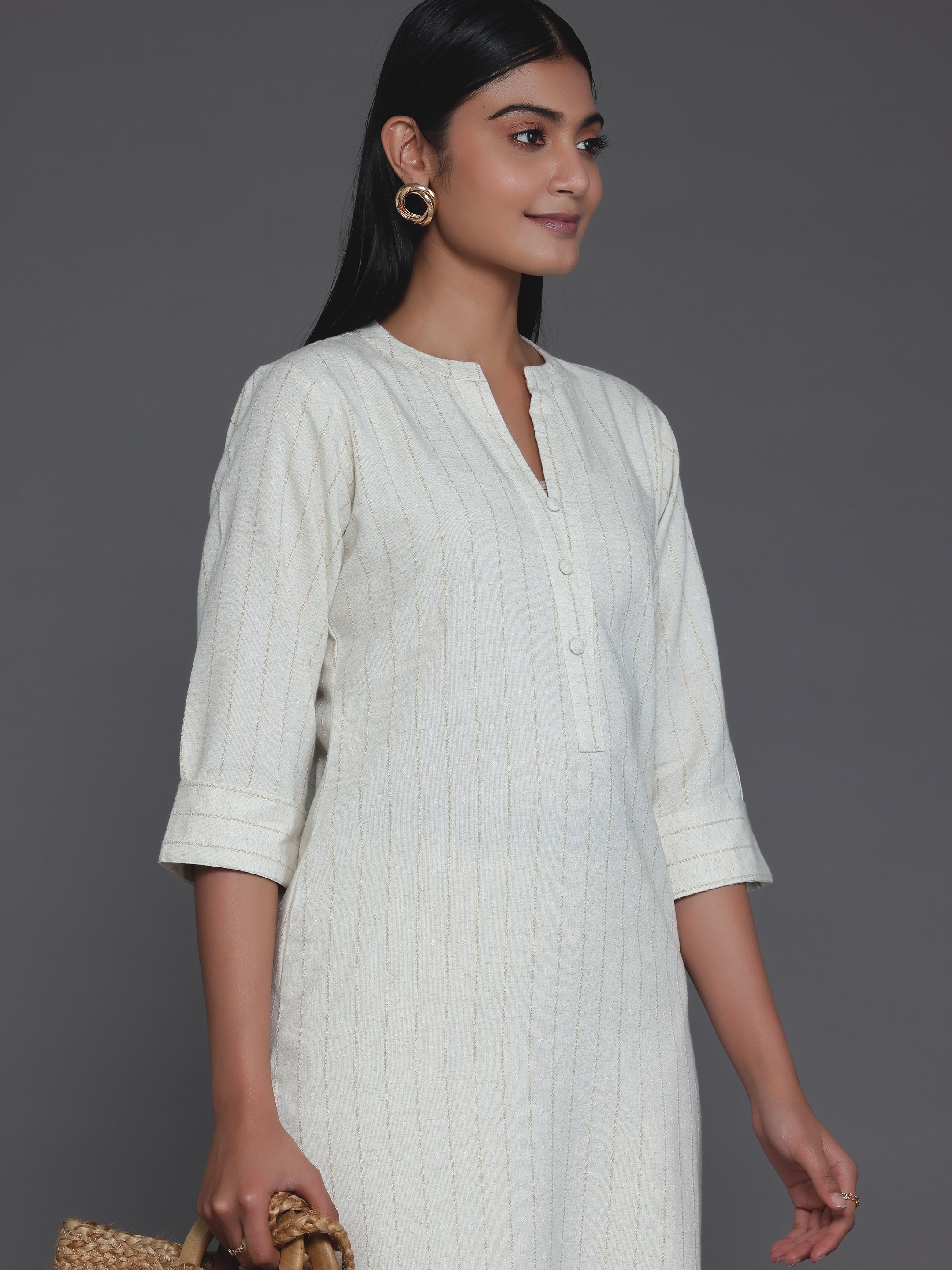 Cream Striped Cotton Straight Kurta