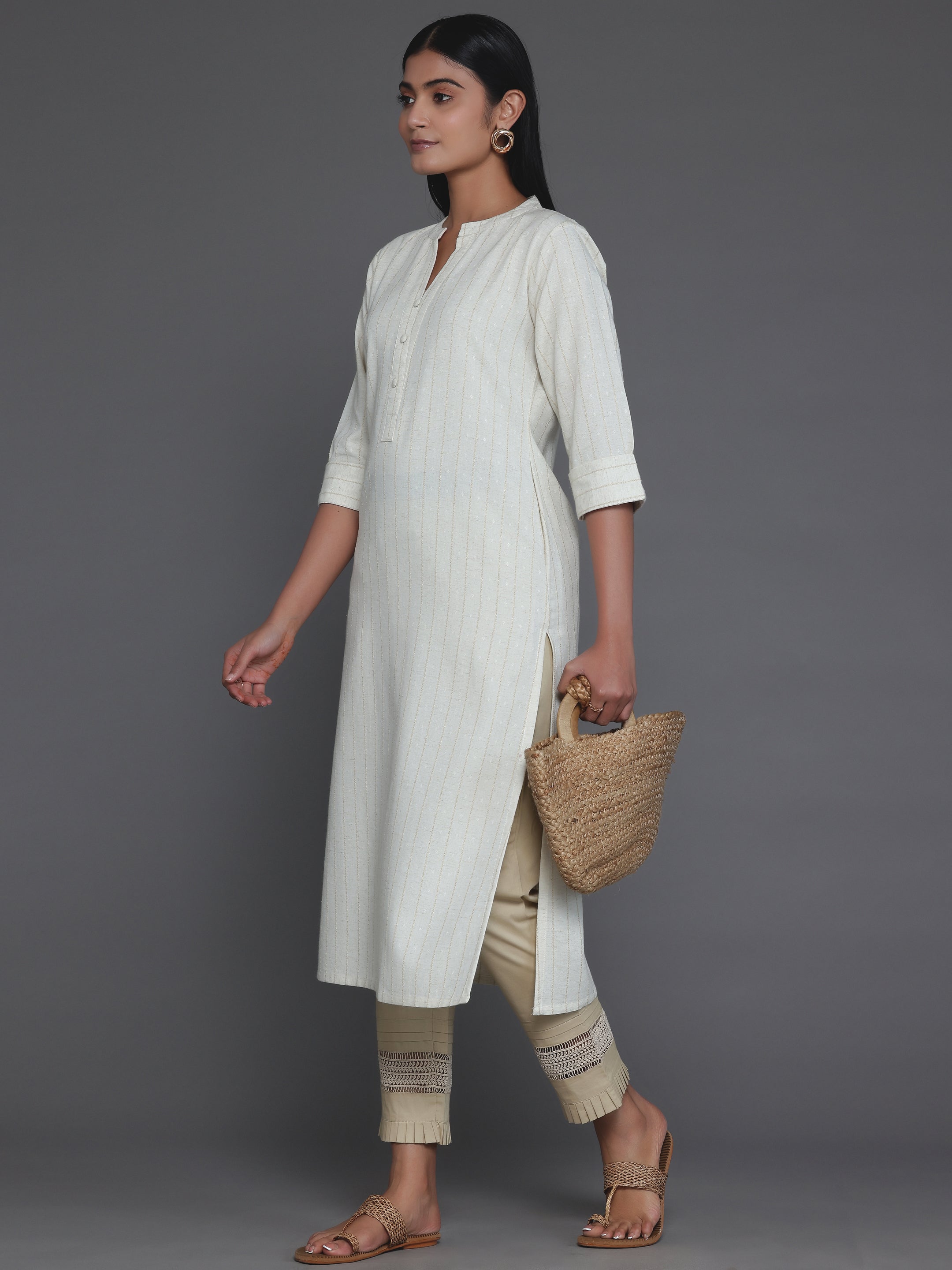 Cream Striped Cotton Straight Kurta