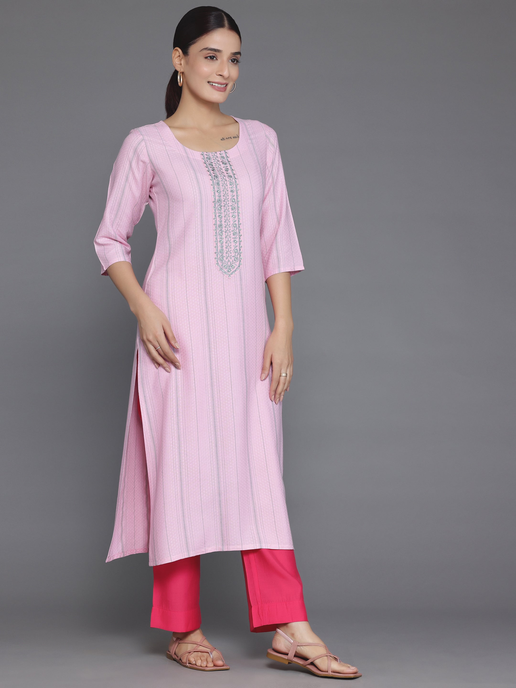 Pink Yoke Design Rayon Straight Kurta