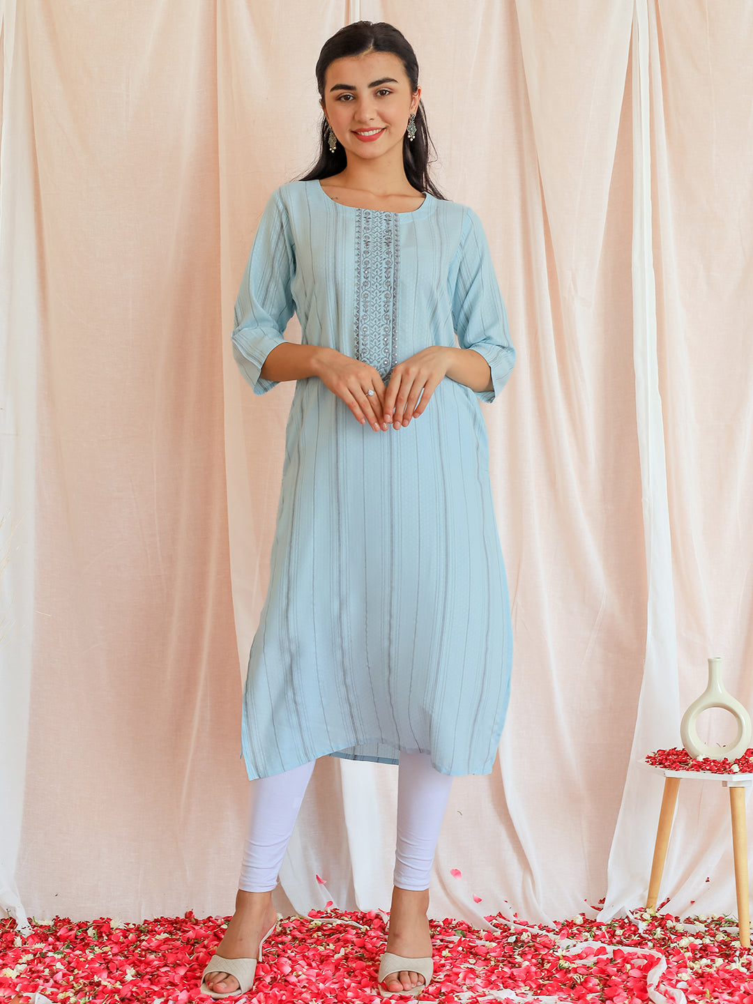 Blue Yoke Design Rayon Straight Kurta