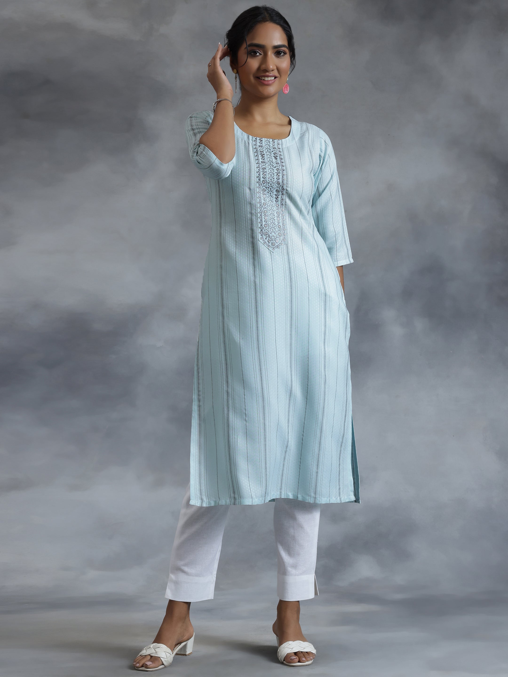 Blue Yoke Design Rayon Straight Kurta