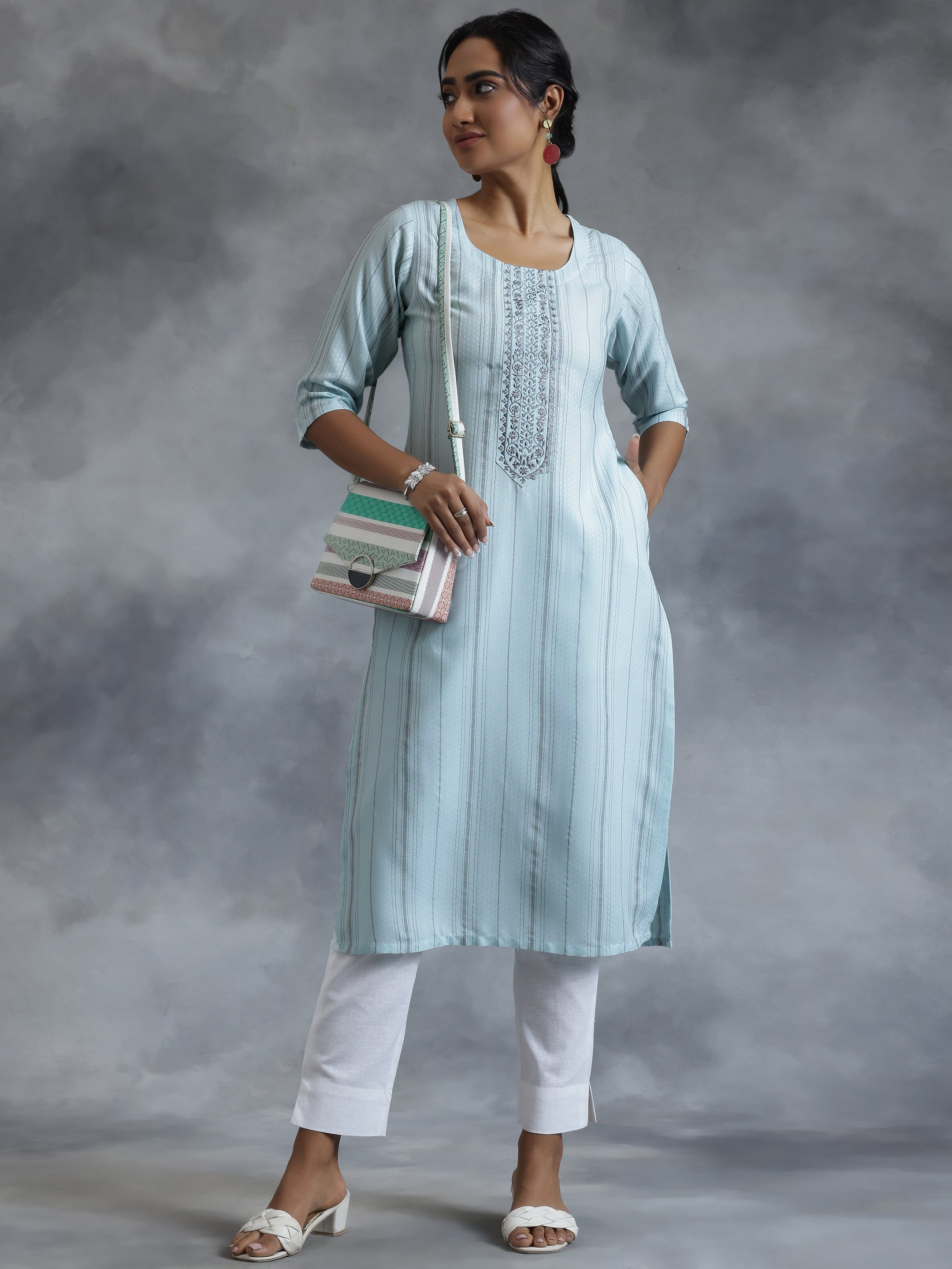 Blue Yoke Design Rayon Straight Kurta