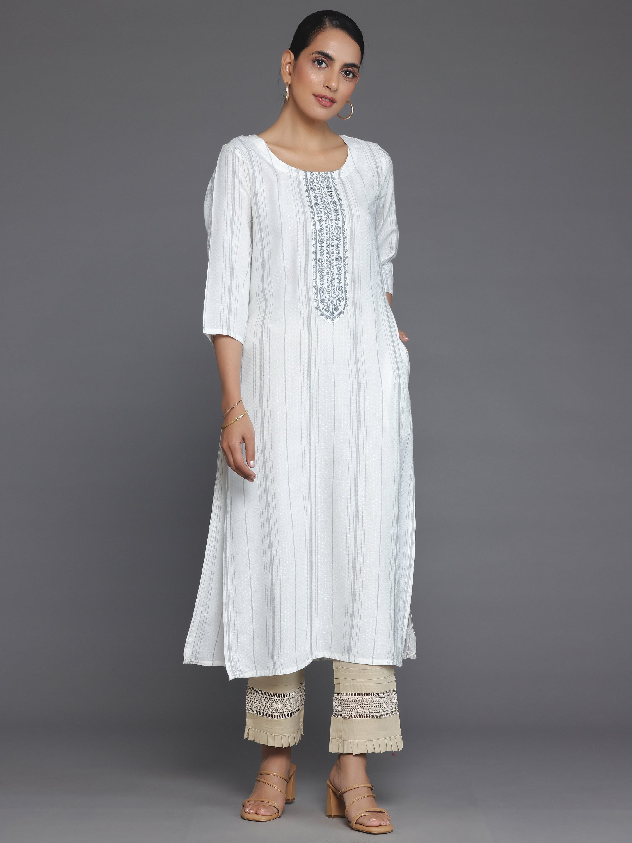 Cream Yoke Design Rayon Straight Kurta