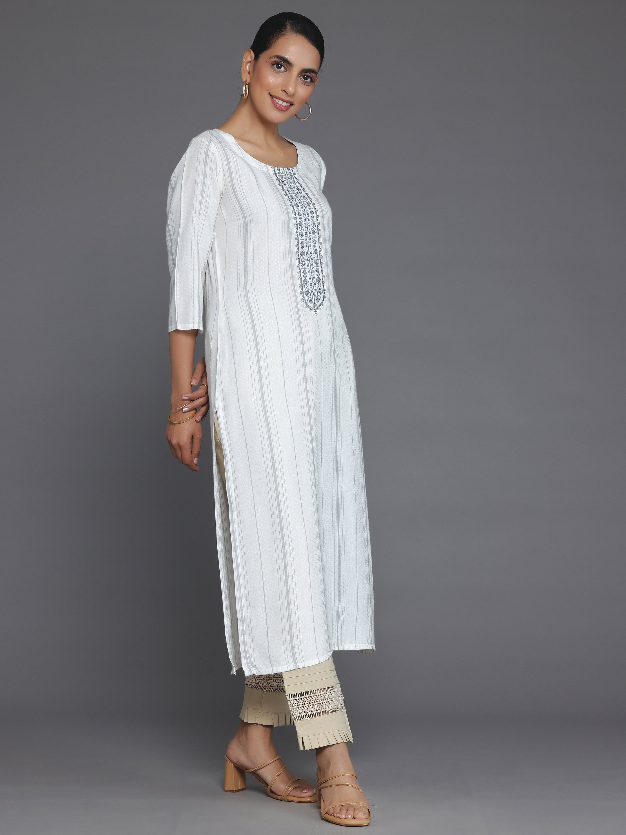 Cream Yoke Design Rayon Straight Kurta