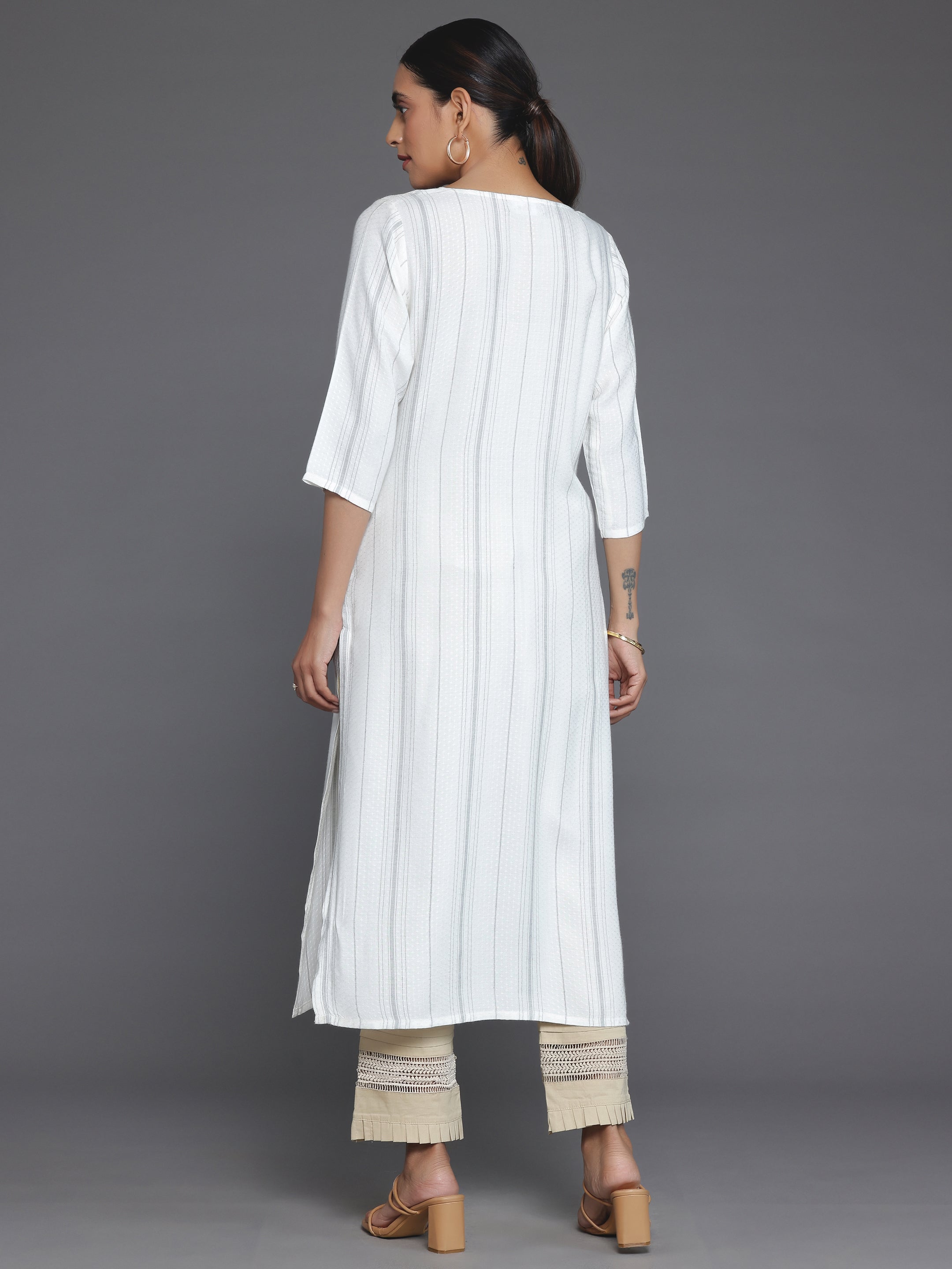 Cream Yoke Design Rayon Straight Kurta