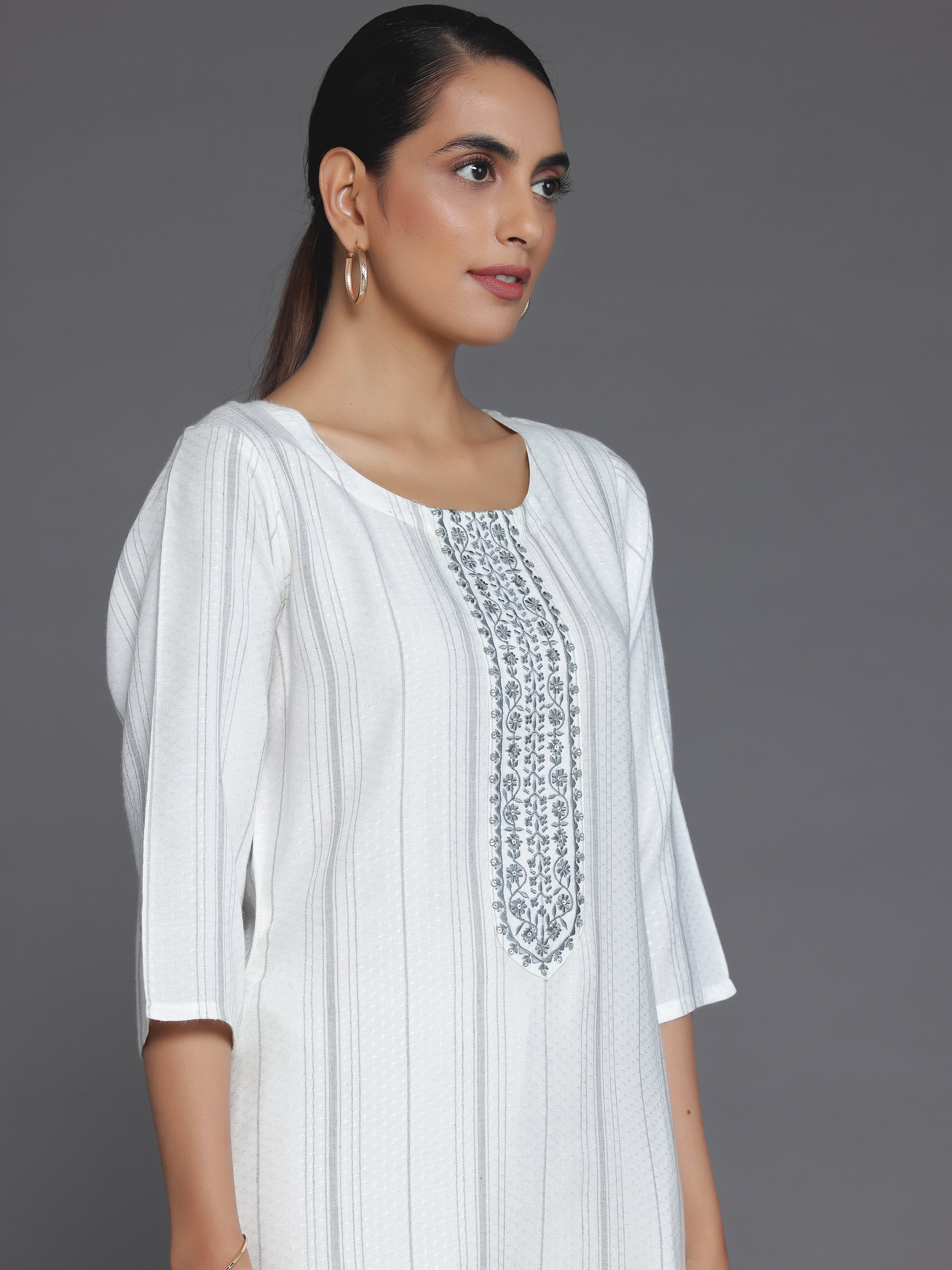 Cream Yoke Design Rayon Straight Kurta