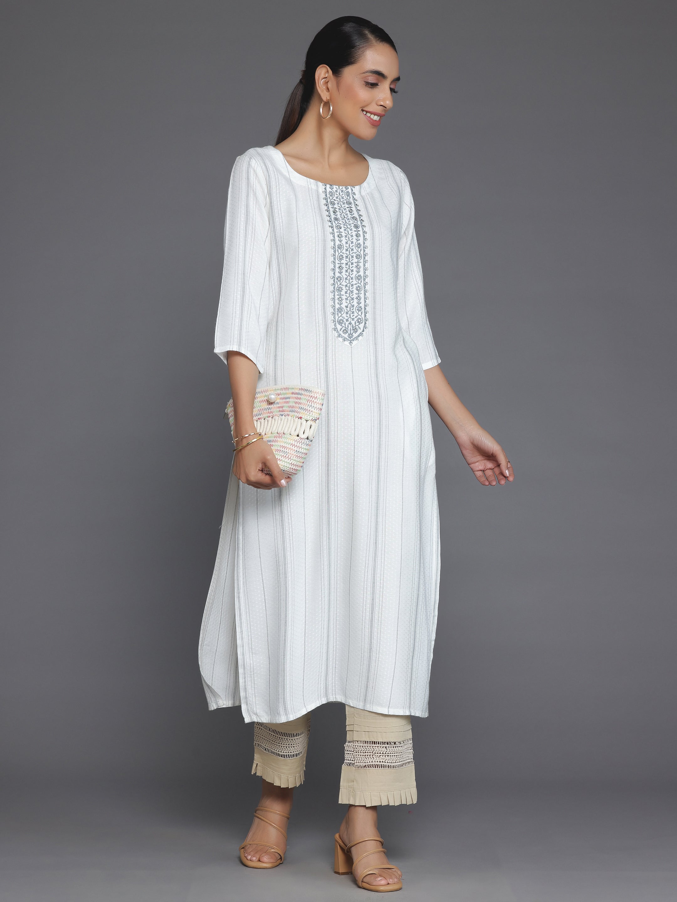 Cream Yoke Design Rayon Straight Kurta