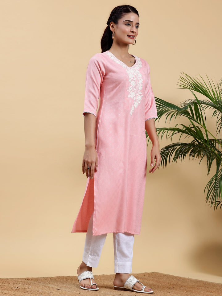 Pink Yoke Design Rayon Straight Kurta