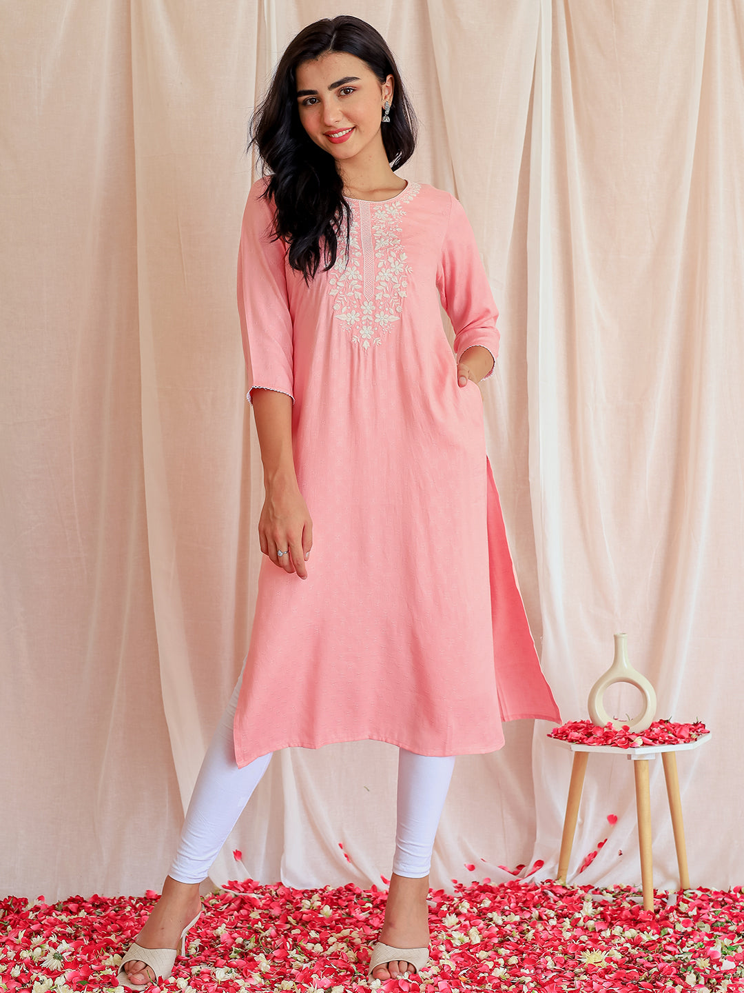 Pink Yoke Design Rayon Straight Kurta