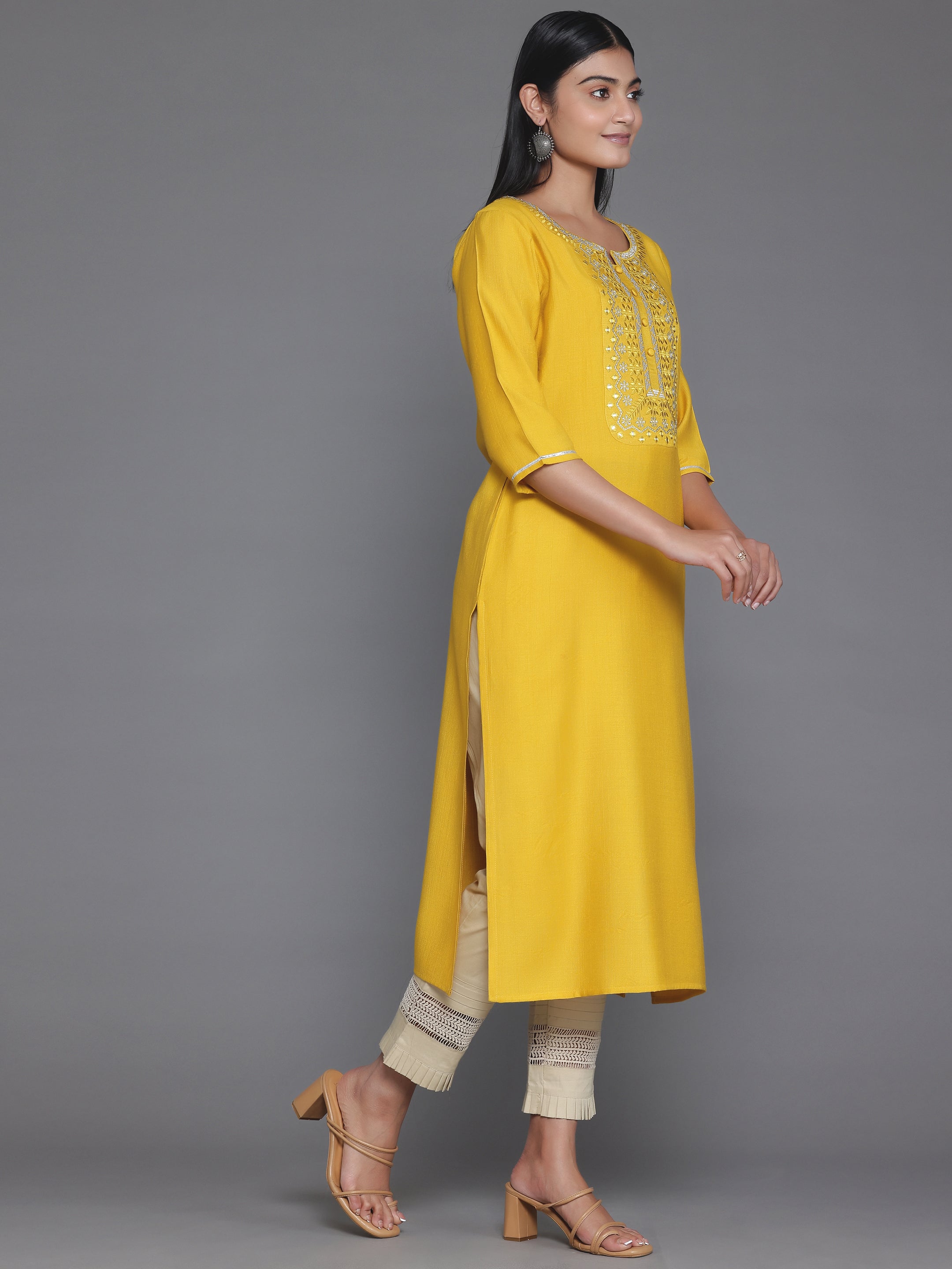 Yellow Yoke Design Silk Straight Kurta