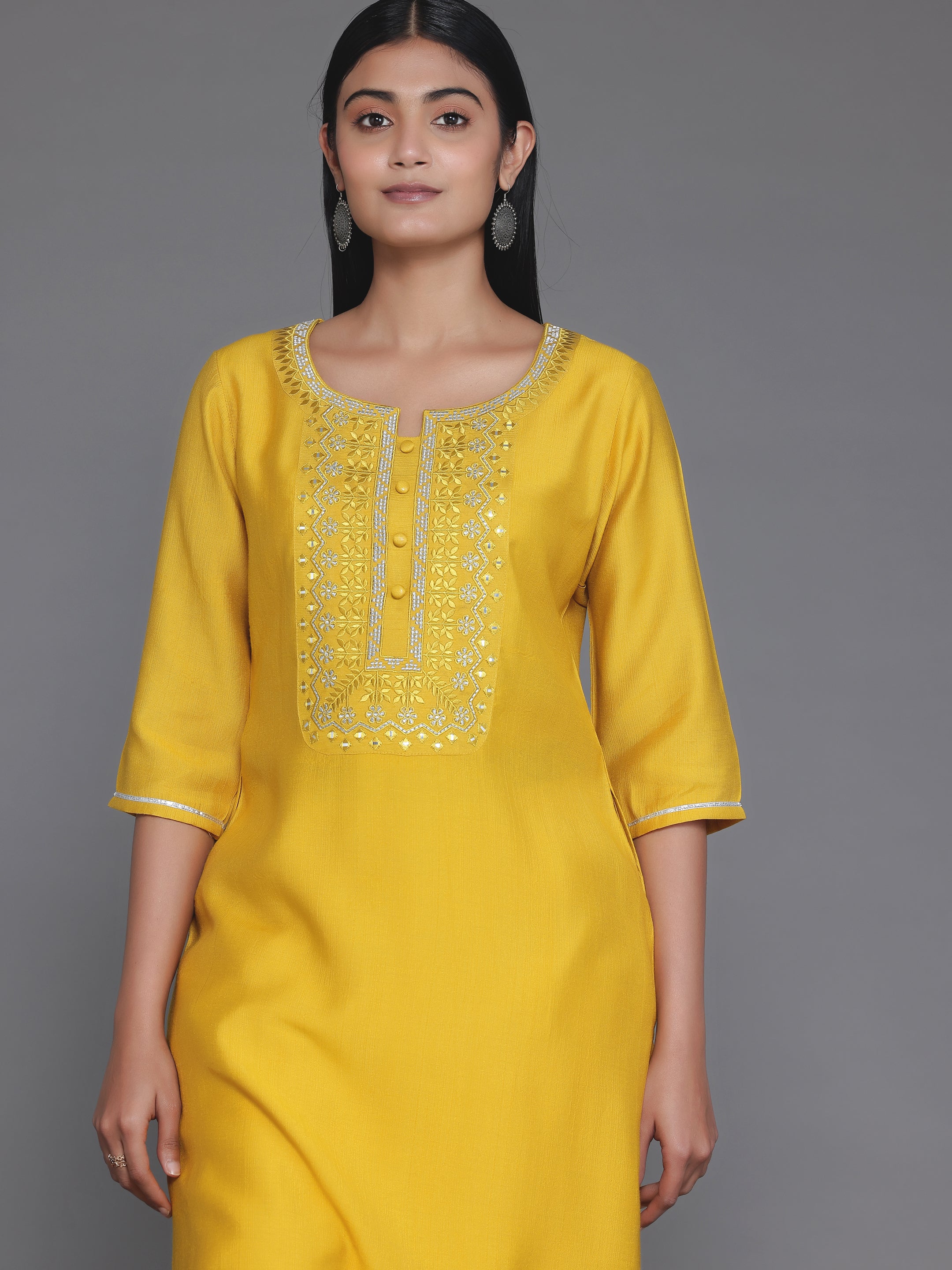 Yellow Yoke Design Silk Straight Kurta