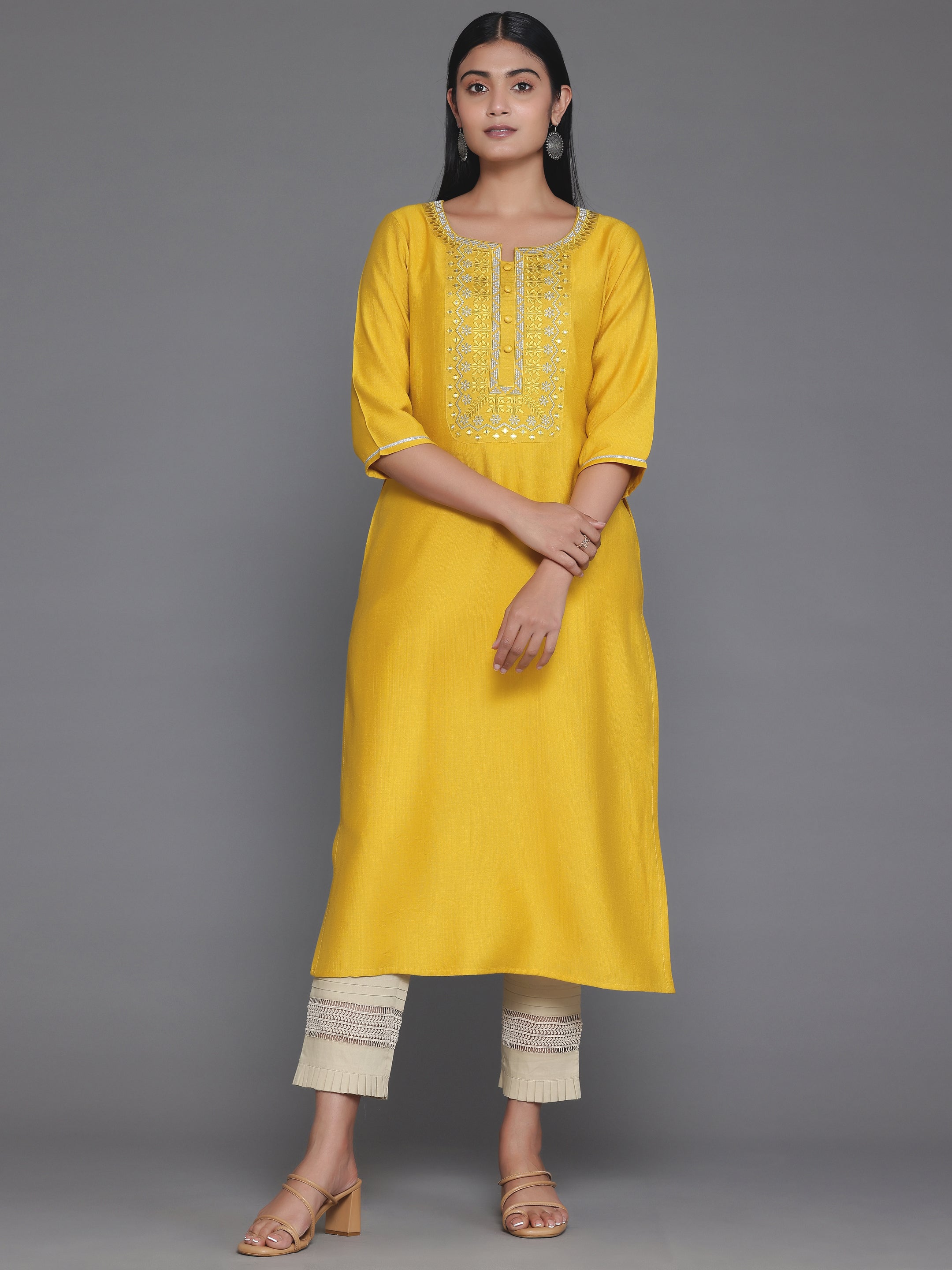 Yellow Yoke Design Silk Straight Kurta