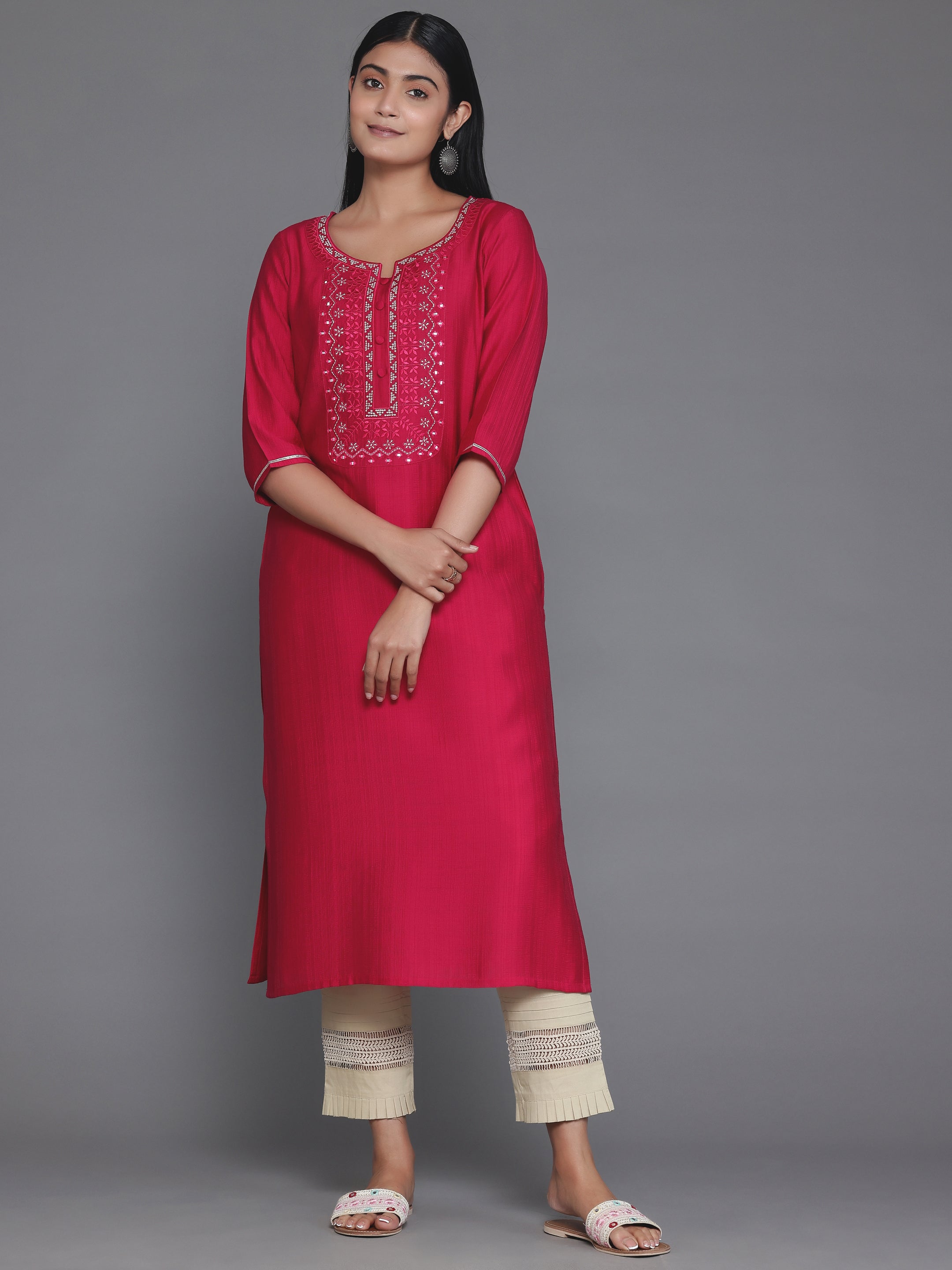 Pink Yoke Design Silk Blend Straight Kurta