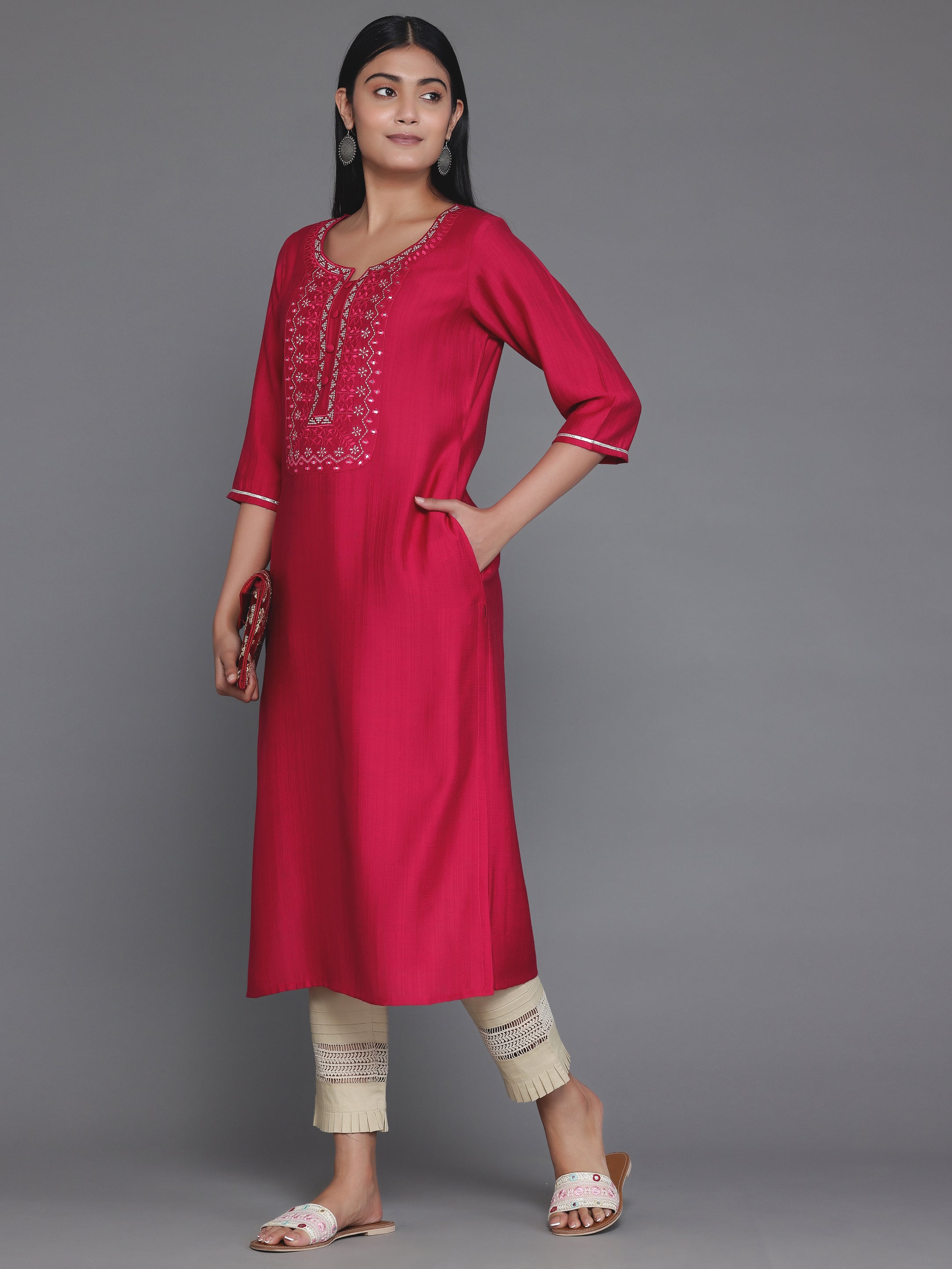 Pink Yoke Design Silk Blend Straight Kurta