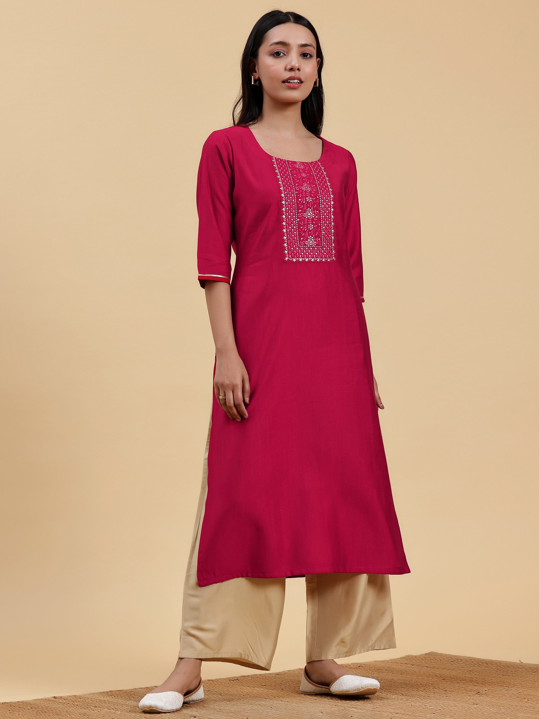 Pink Yoke Design Silk Straight Kurta