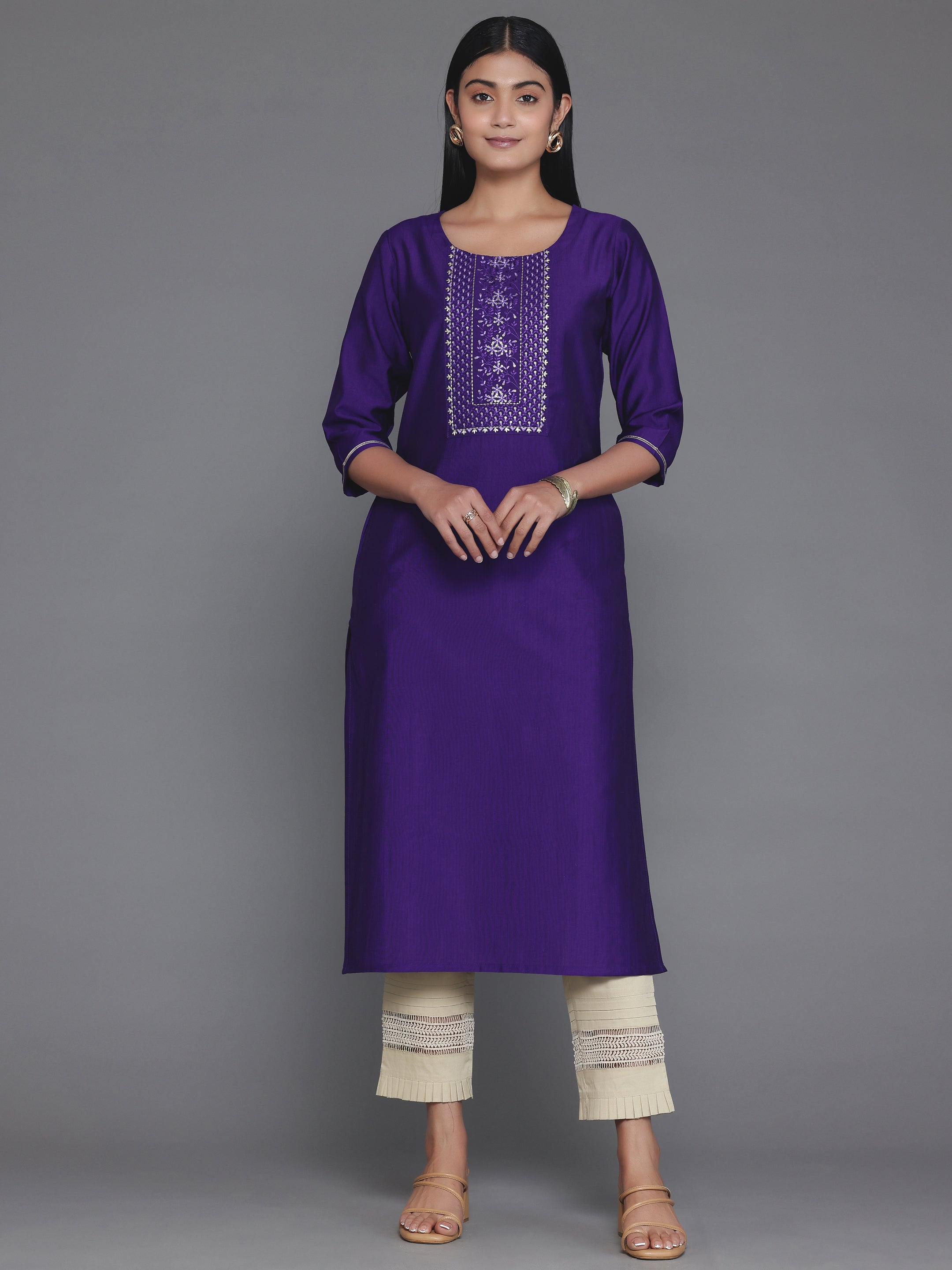 Purple Yoke Design Silk Straight Kurta