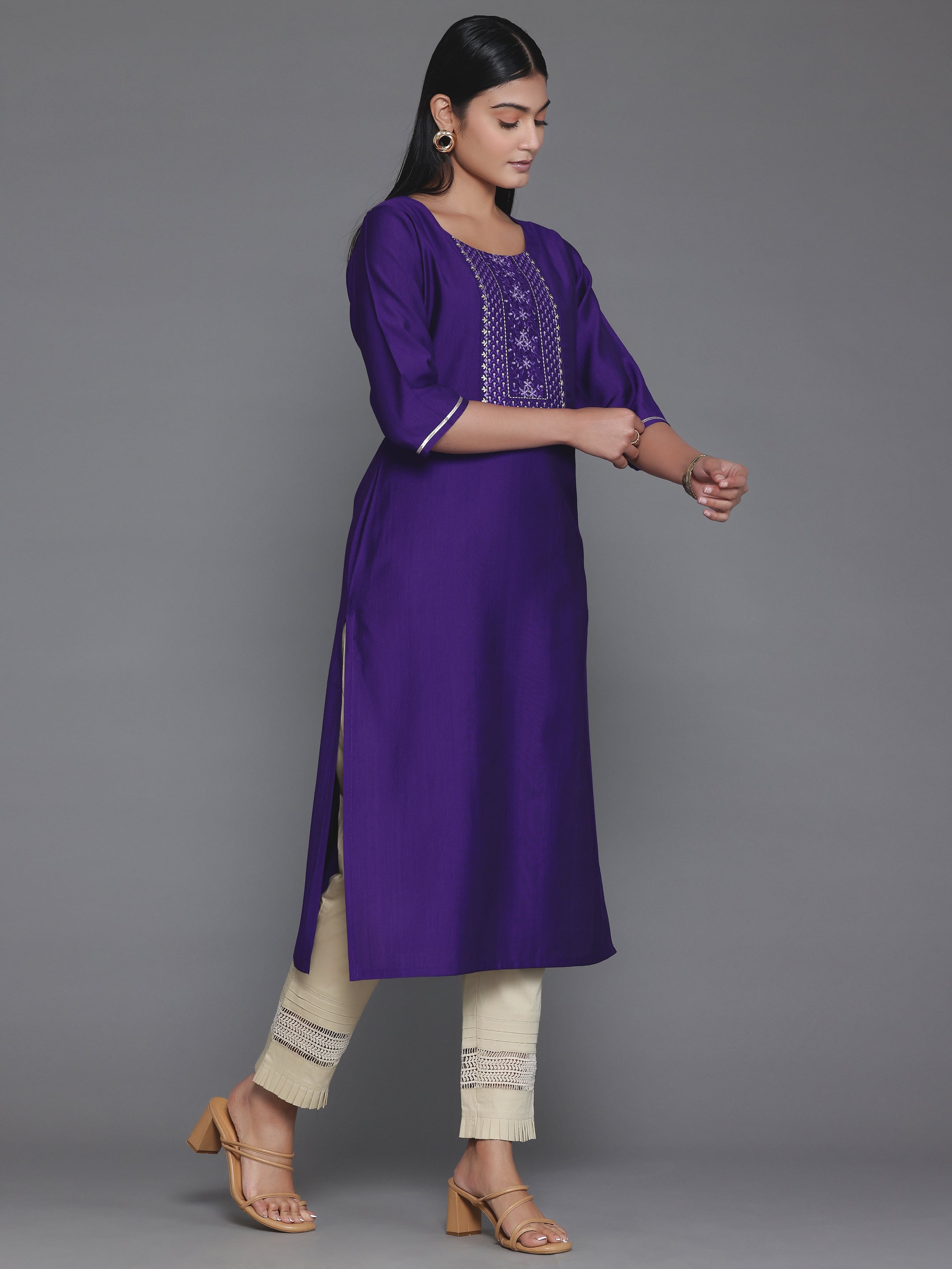 Purple Yoke Design Silk Straight Kurta