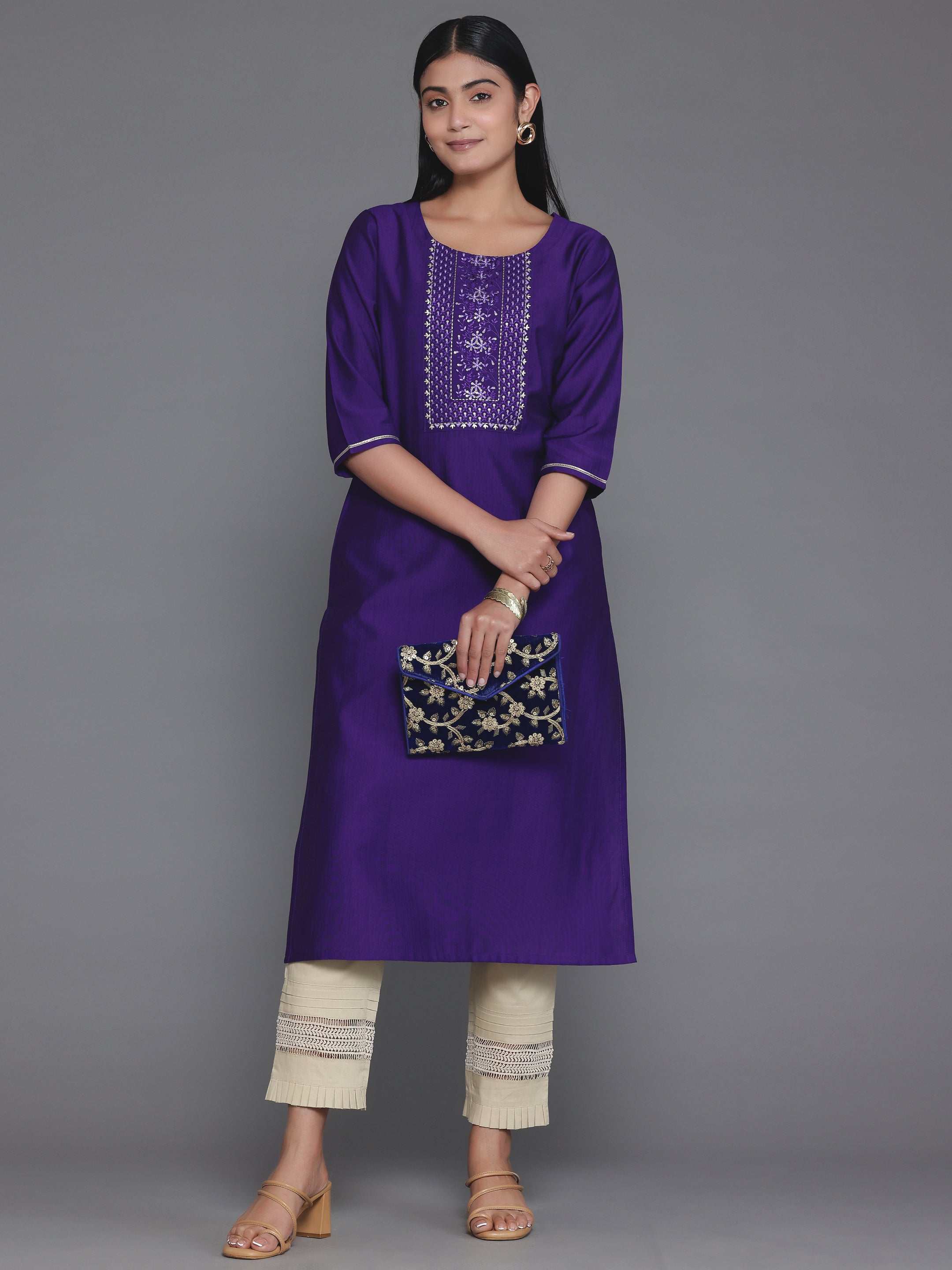 Purple Yoke Design Silk Straight Kurta