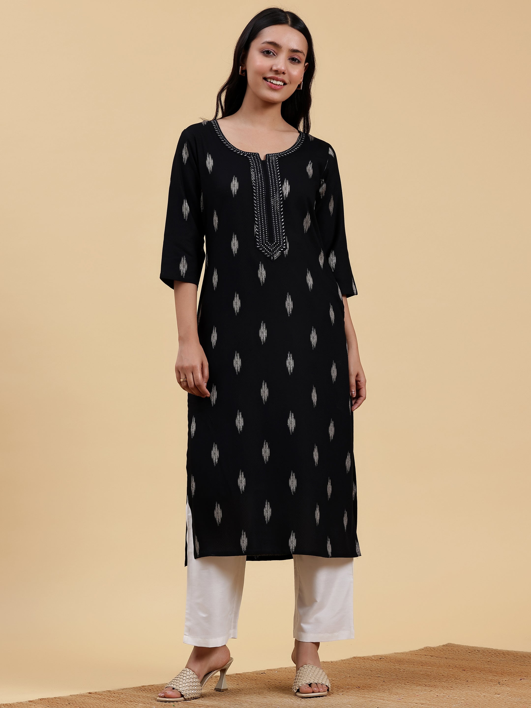 Black Embroidered Rayon Straight Kurta