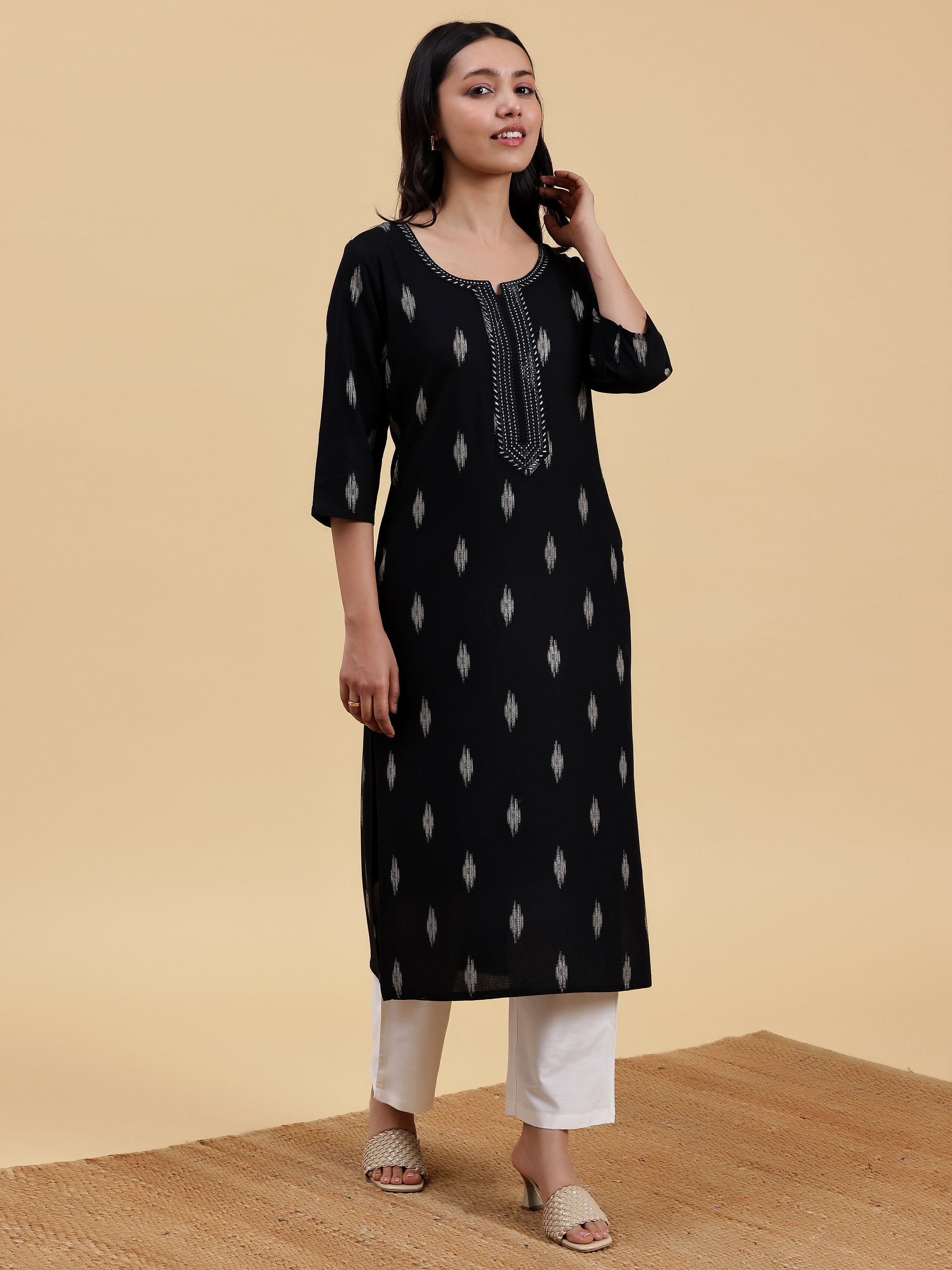 Black Embroidered Rayon Straight Kurta