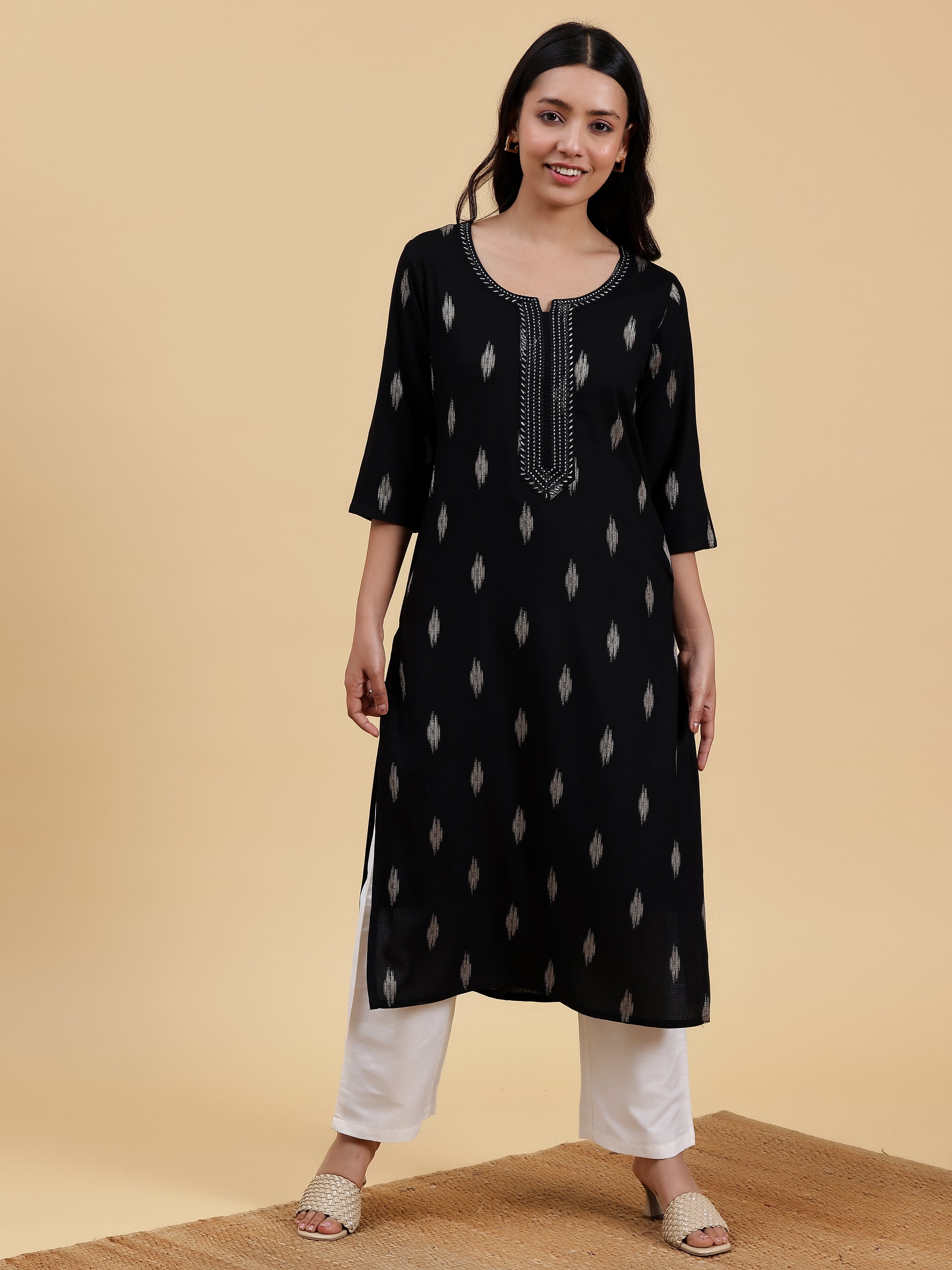 Black Embroidered Rayon Straight Kurta